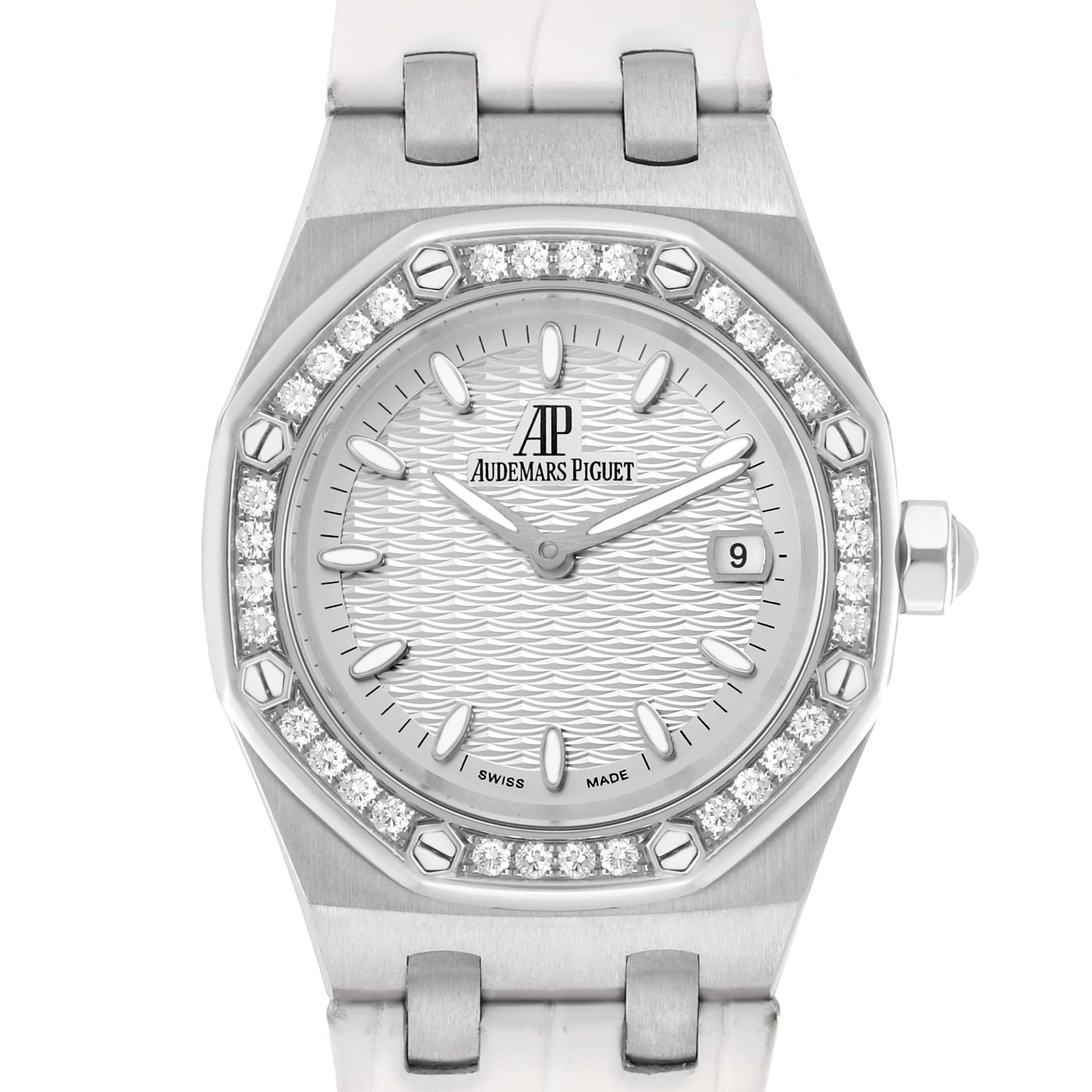 The Royal Oak by Audemars Piguet is shown from the front, highlighting the octagonal bezel with diamonds and dial details.