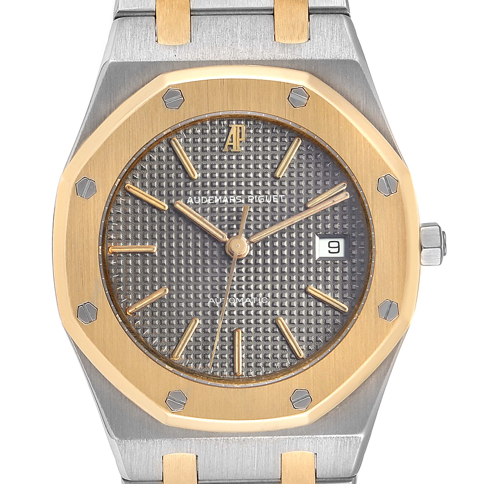 The image shows a front view of the Audemars Piguet Royal Oak SA14486 Men's Steel and Gold (two tone) Grey Dial SA14486 Men's Steel and Gold (two tone) Grey Dial watch, highlighting its dial, hands, date display, and iconic octagonal bezel.