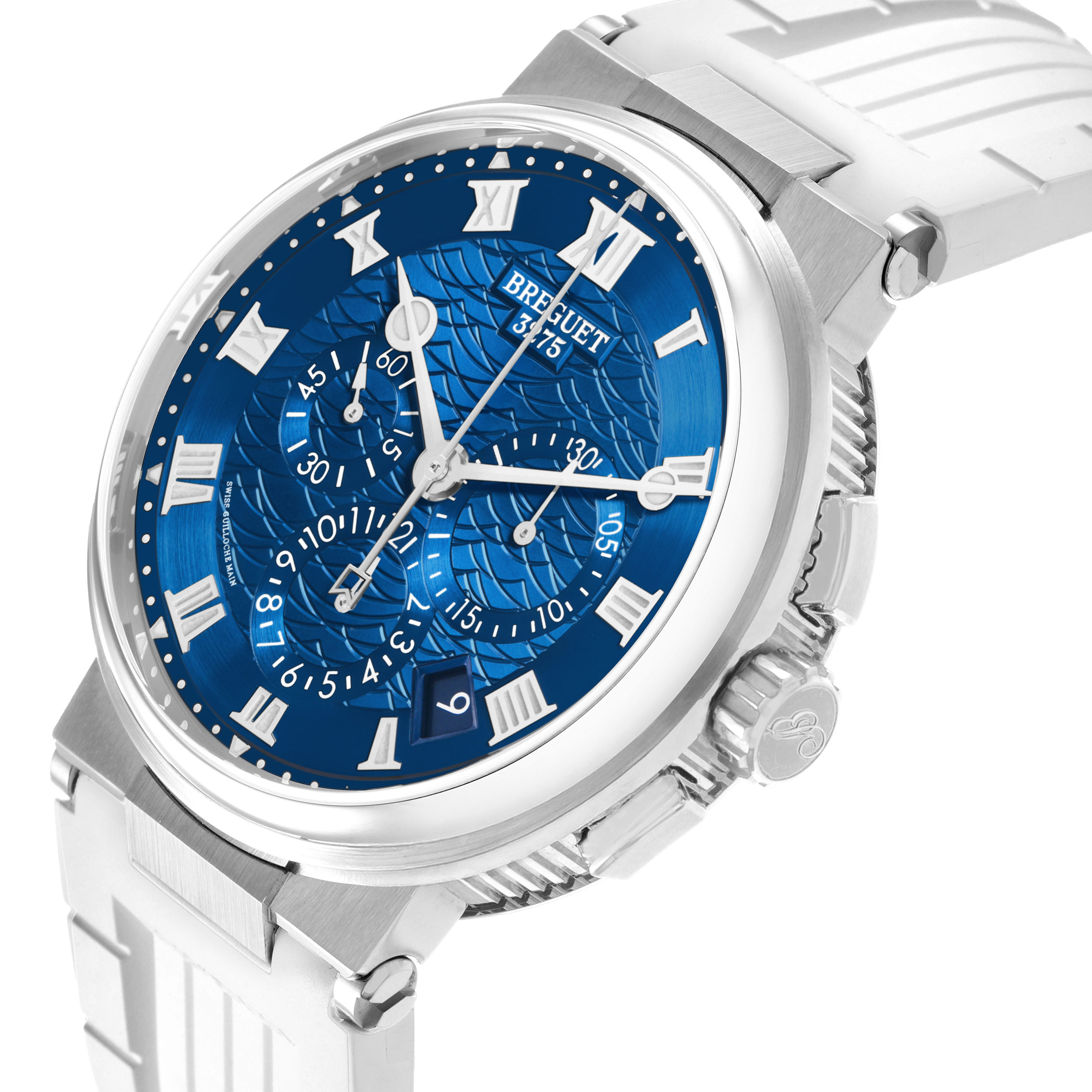 The photo shows a Breguet Marine 5527BB Men's White Gold Blue Dial watch at a three-quarter view, highlighting the blue dial, Roman numerals, and the crown.