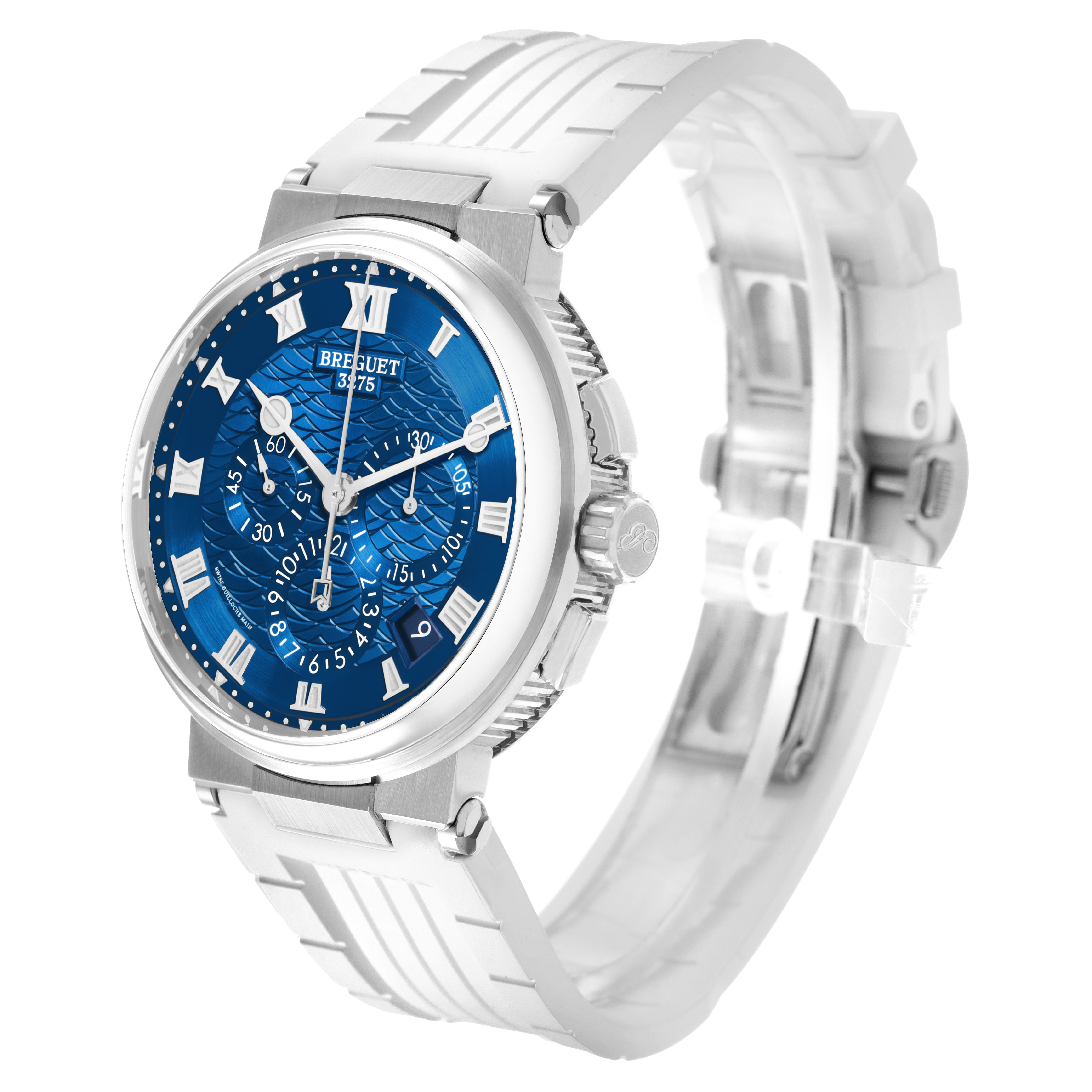 The Breguet Marine 5527BB Men's White Gold Blue Dial watch is shown at a three-quarter angle, highlighting the blue dial, roman numerals, and stainless steel bracelet.