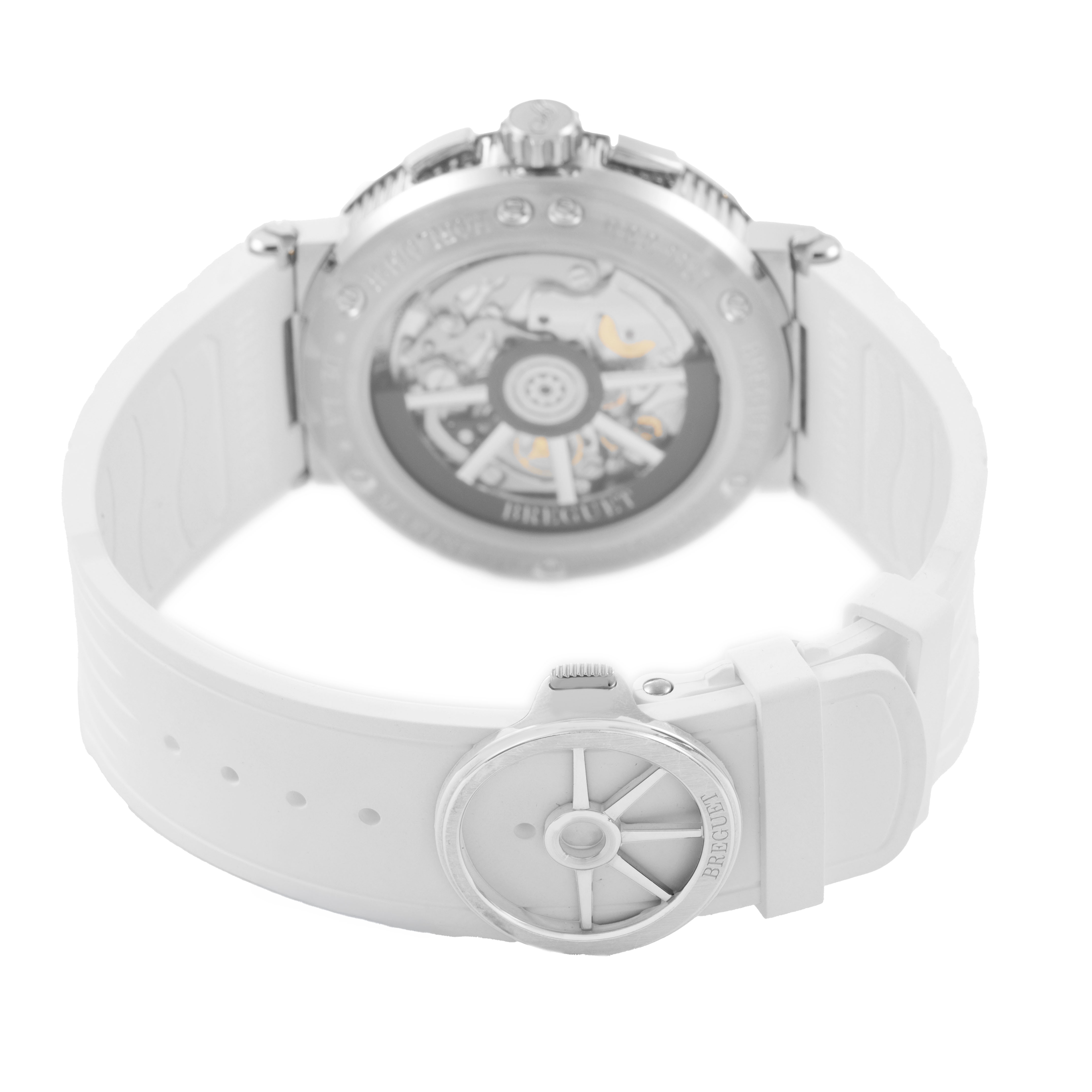 The image shows the back of the Breguet Marine 5527BB Men's White Gold Blue Dial watch, highlighting the movement and white strap.
