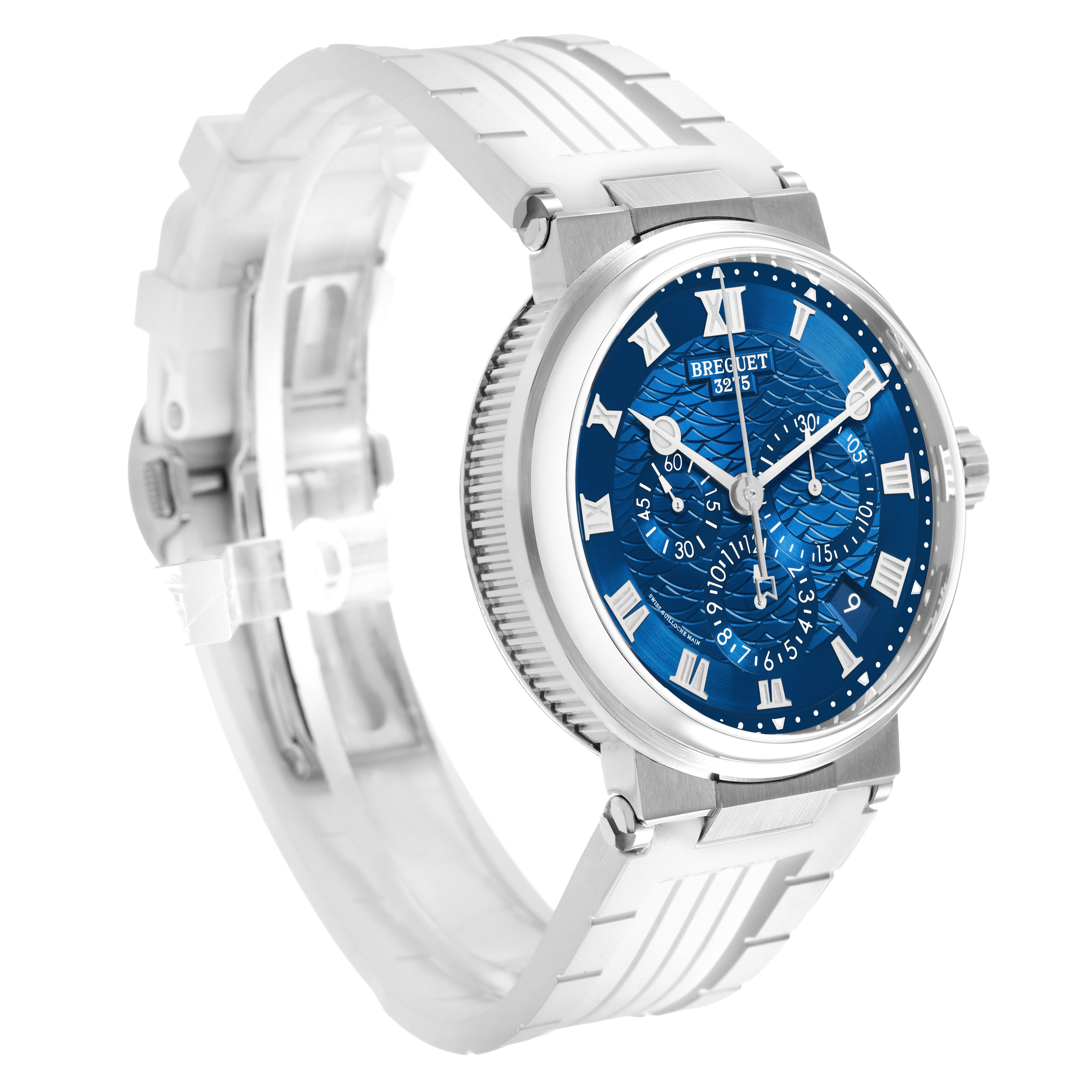 The Breguet Marine 5527BB Men's White Gold Blue Dial watch is shown from a three-quarter angle, displaying its blue dial, chronograph subdials, and white strap.