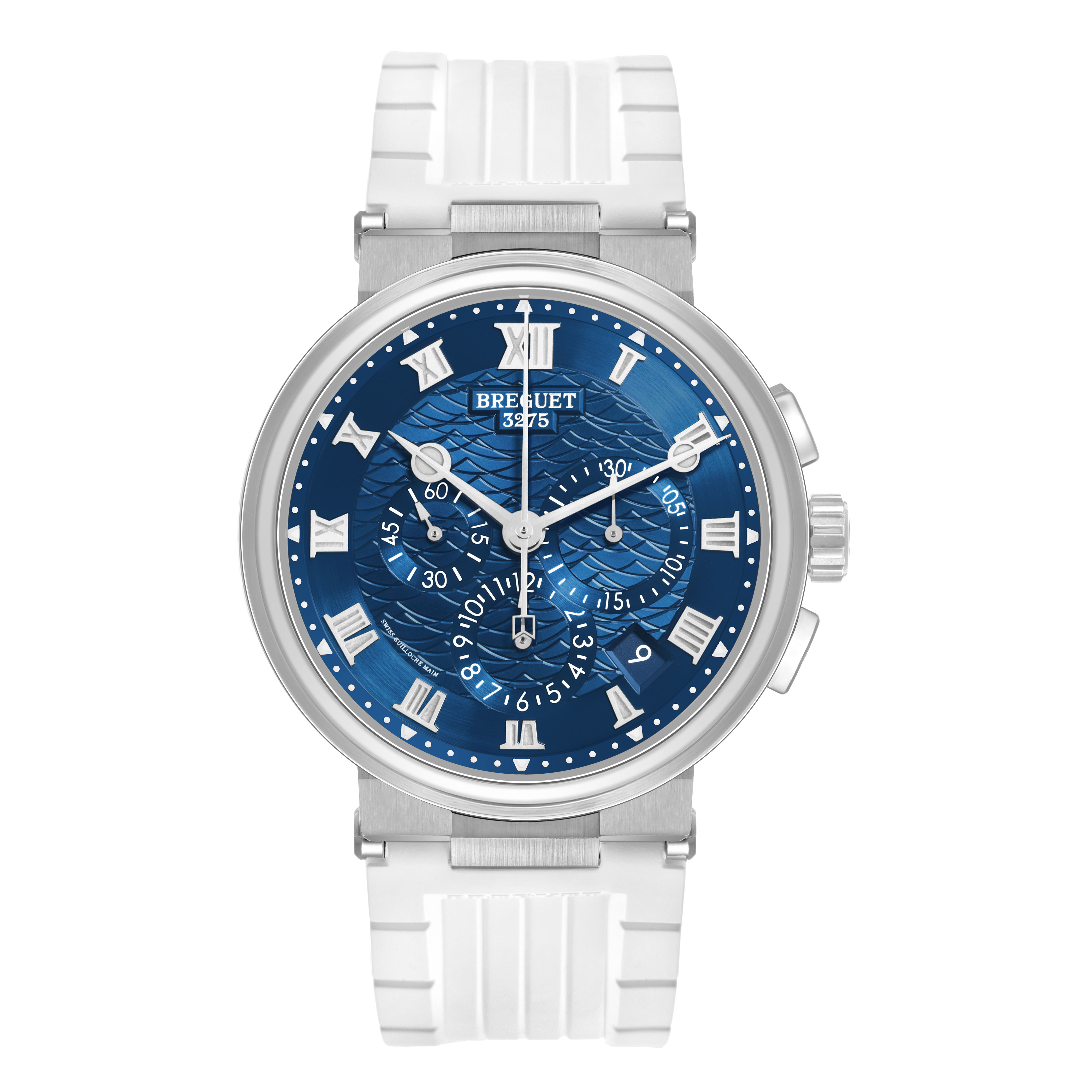 The Breguet Marine 5527BB Men's White Gold Blue Dial watch is shown from a front angle, highlighting its blue dial, Roman numerals, and white strap.