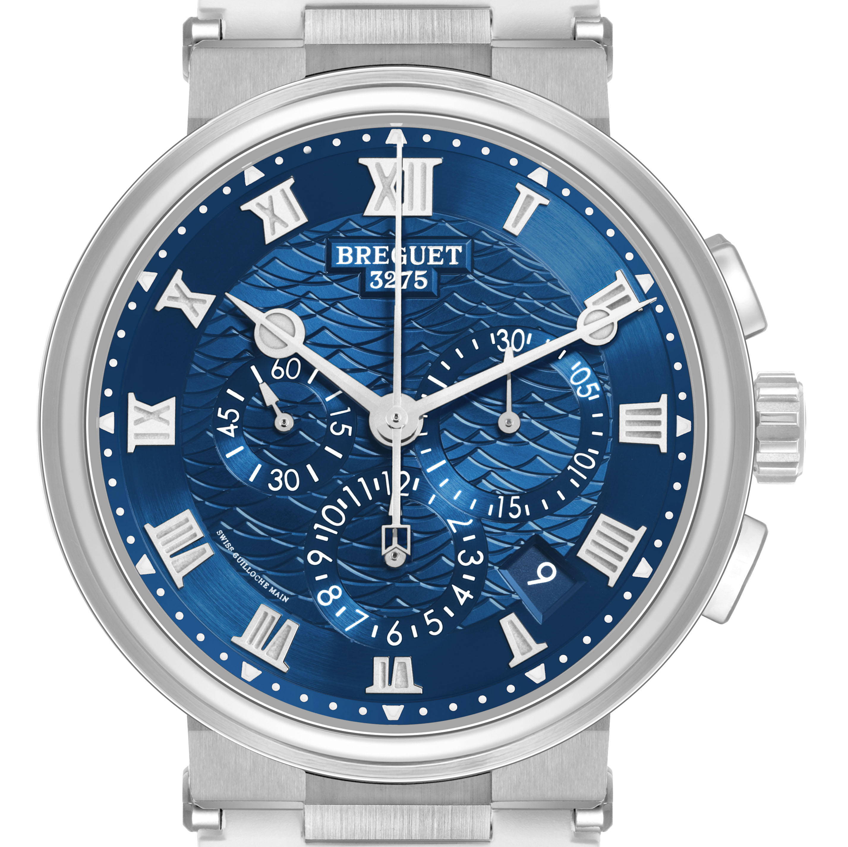The Breguet Marine 5527BB Men's White Gold Blue Dial watch is shown from a top-down angle, highlighting its blue dial, Roman numerals, and subdials.