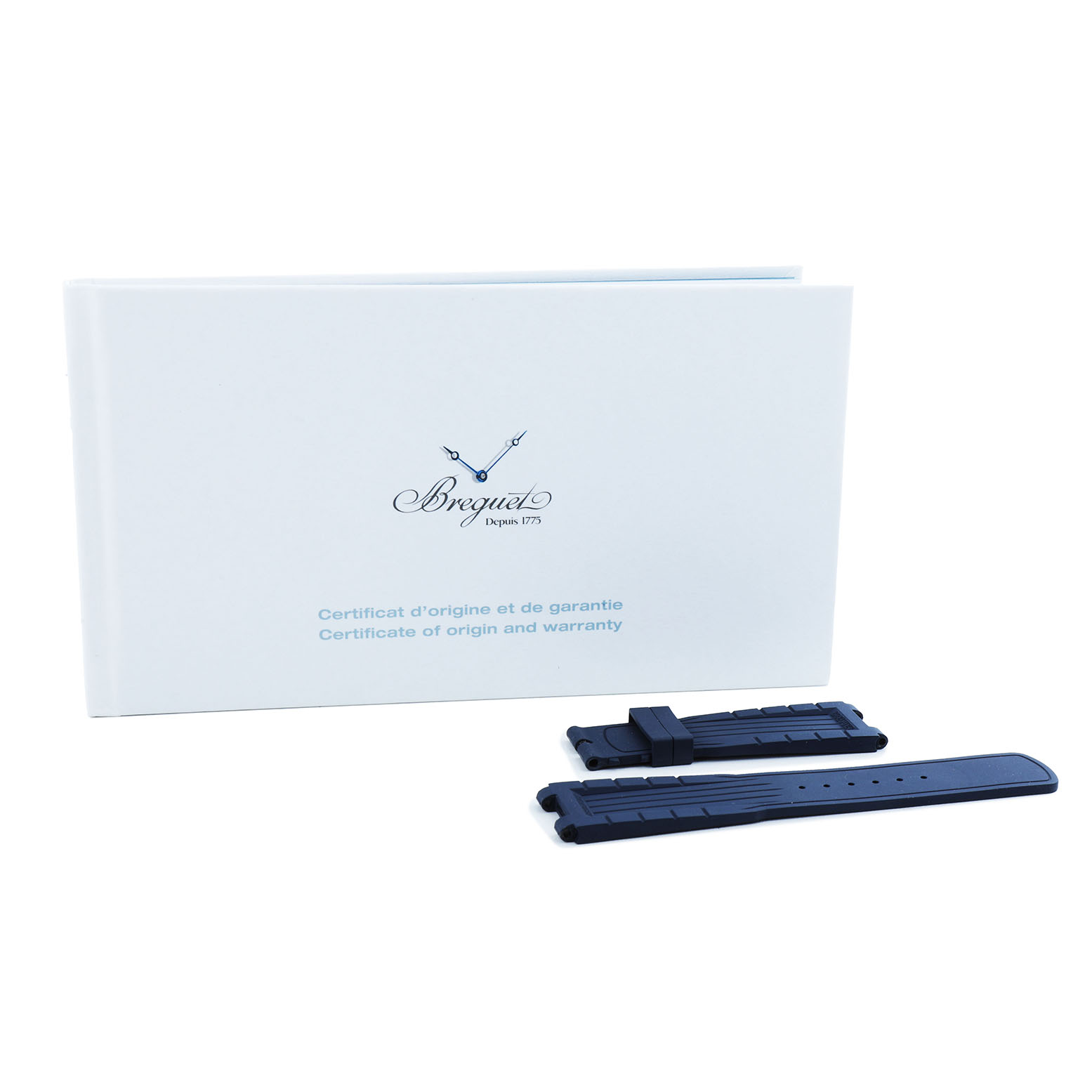 The image shows a Breguet Marine 5527BB Men's White Gold Blue Dial model warranty certificate and a blue rubber strap.