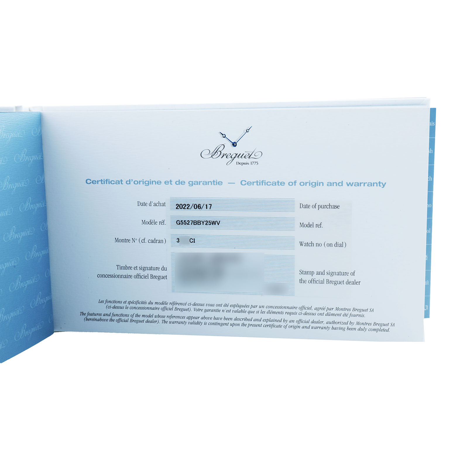 The image shows the certificate of origin and warranty for the Breguet Marine 5527BB Men's White Gold Blue Dial watch.