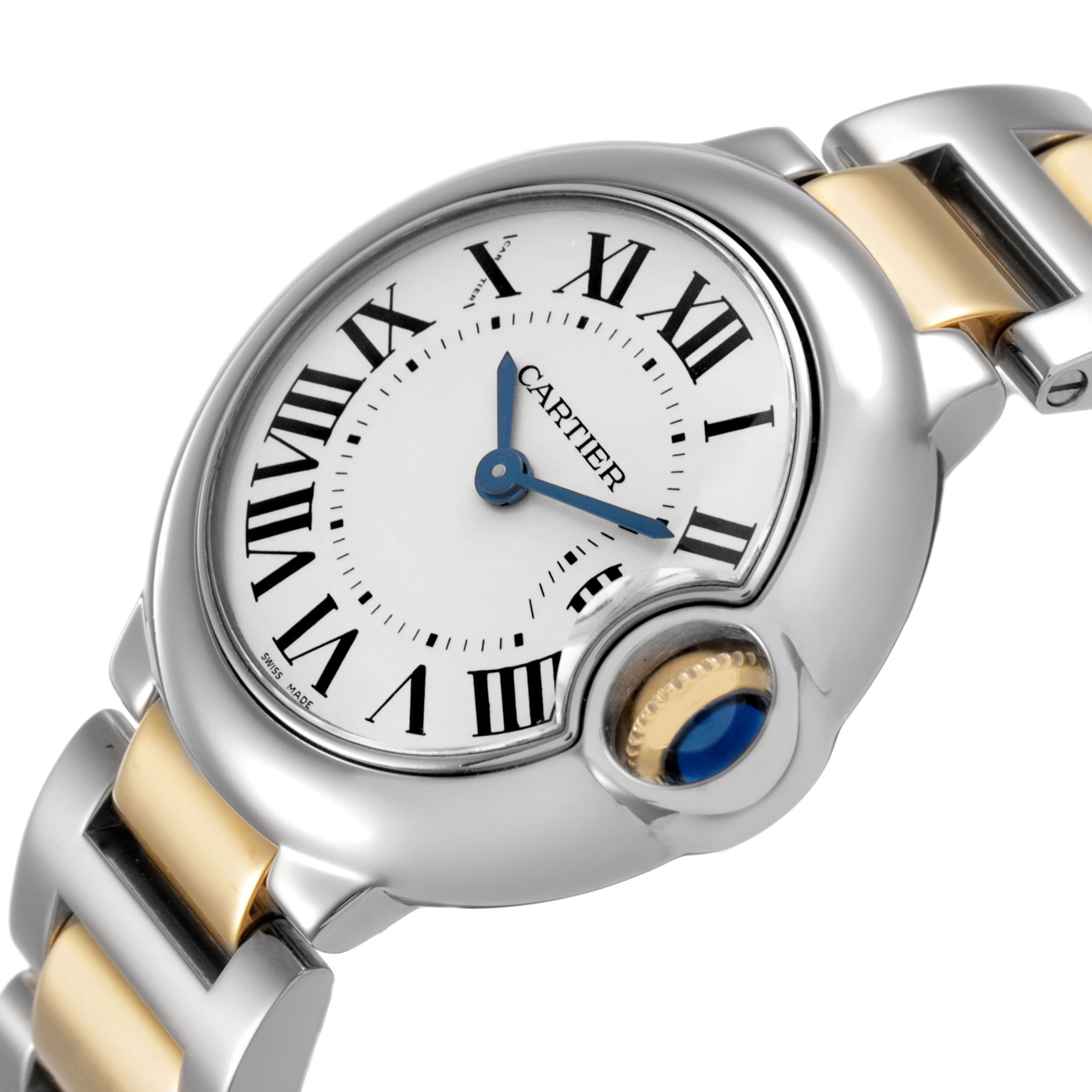 The Ballon Bleu de Cartier watch is shown at a tilted angle, highlighting its face, Roman numeral markers, and metal bracelet.