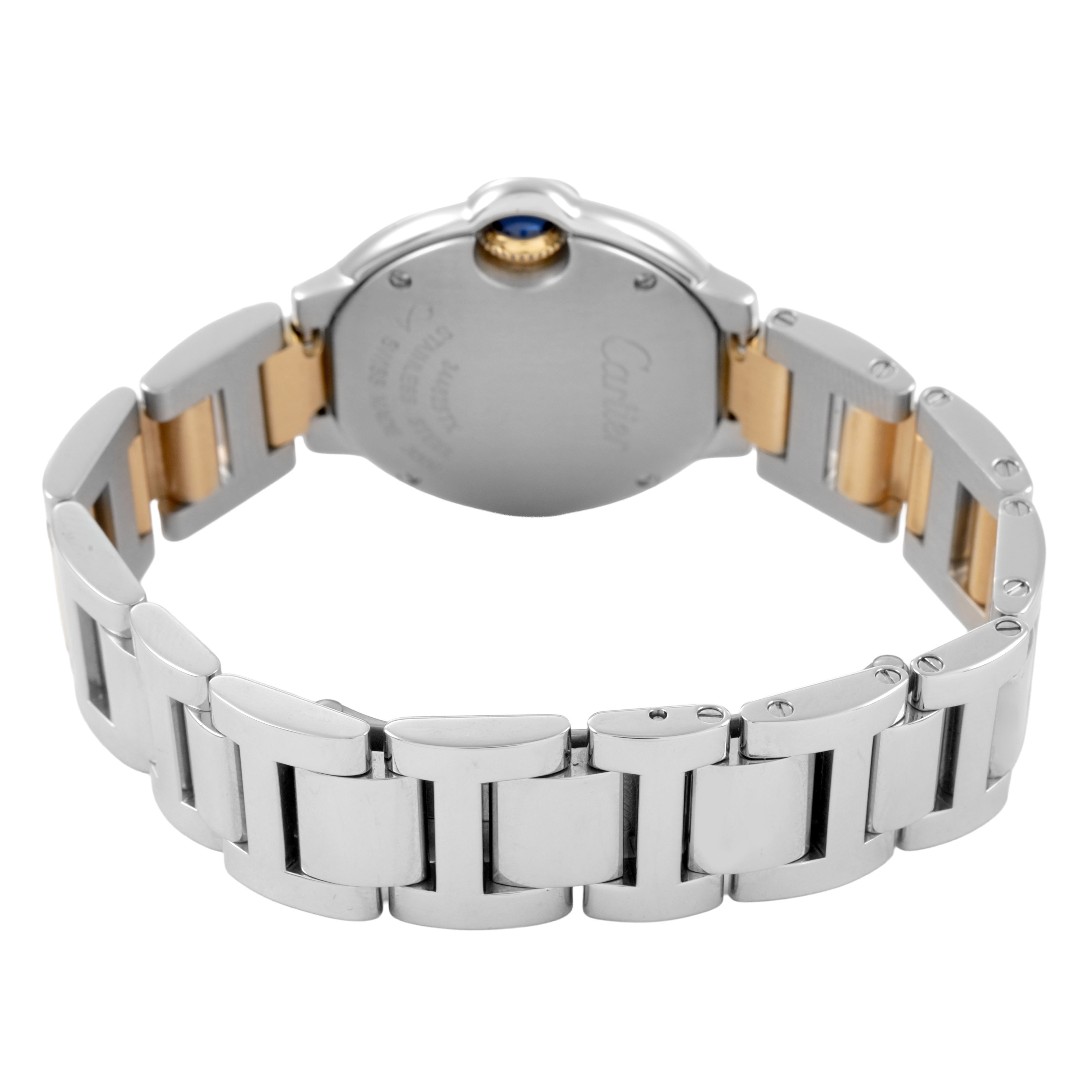 The image shows the Ballon Bleu de Cartier watch from the back, highlighting the bracelet and rear case.