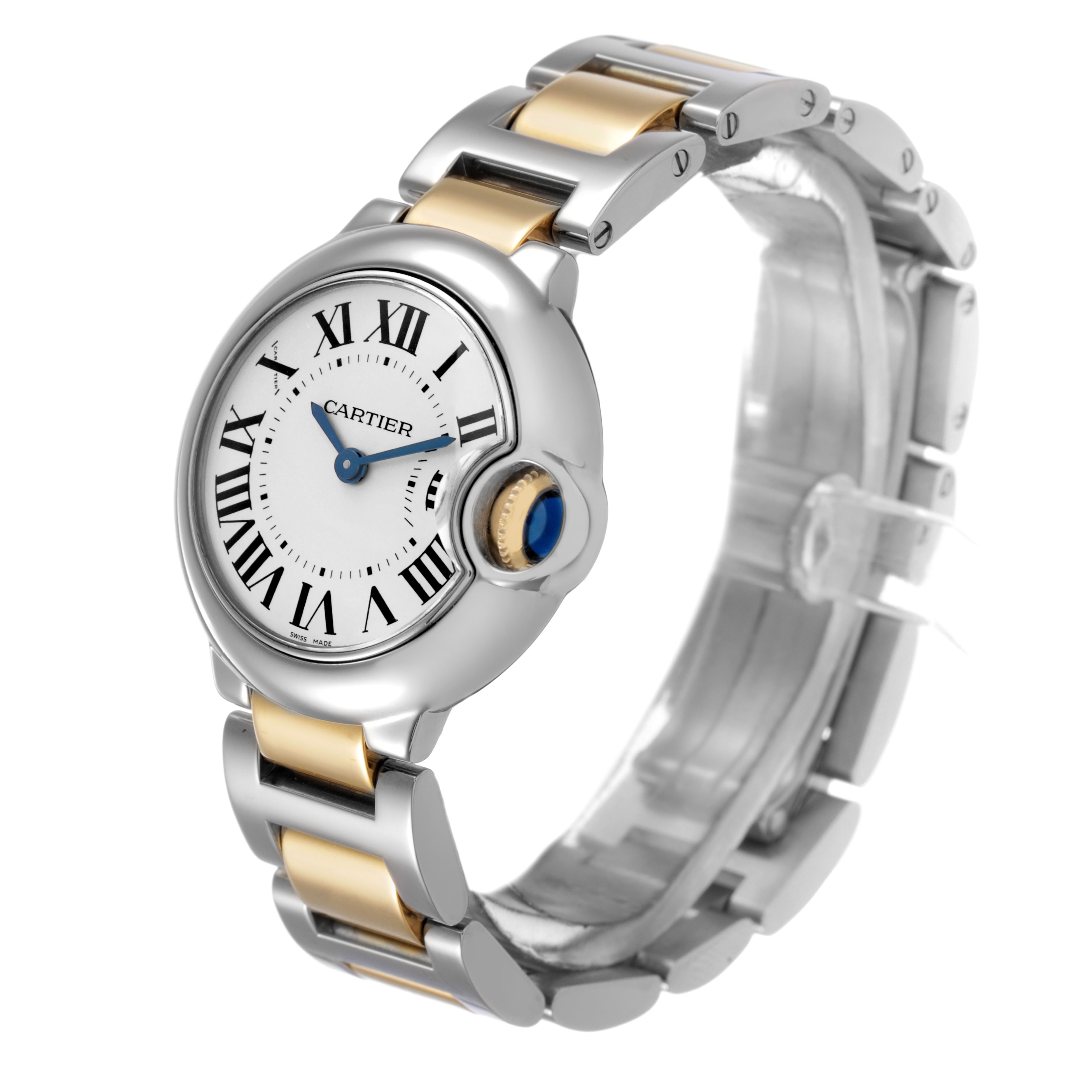 The Cartier Ballon Bleu W69007Z3 Women's Steel and Gold (two tone) Silver Dial watch is shown at a three-quarter angle, displaying its round face, Roman numerals, and metal bracelet.