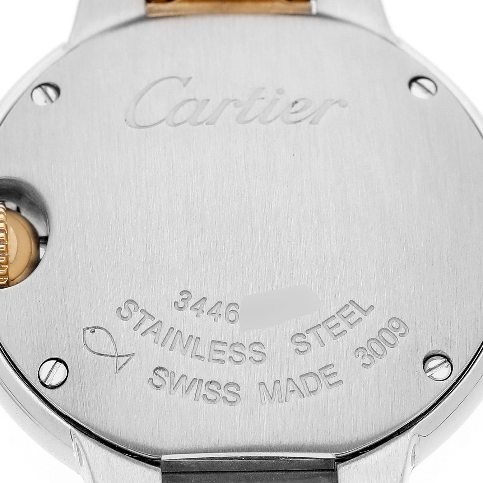 The image shows the back case of the Cartier Ballon Bleu W69007Z3 Women's Steel and Gold (two tone) Silver Dial, featuring engraved model details and a partial view of the crown.