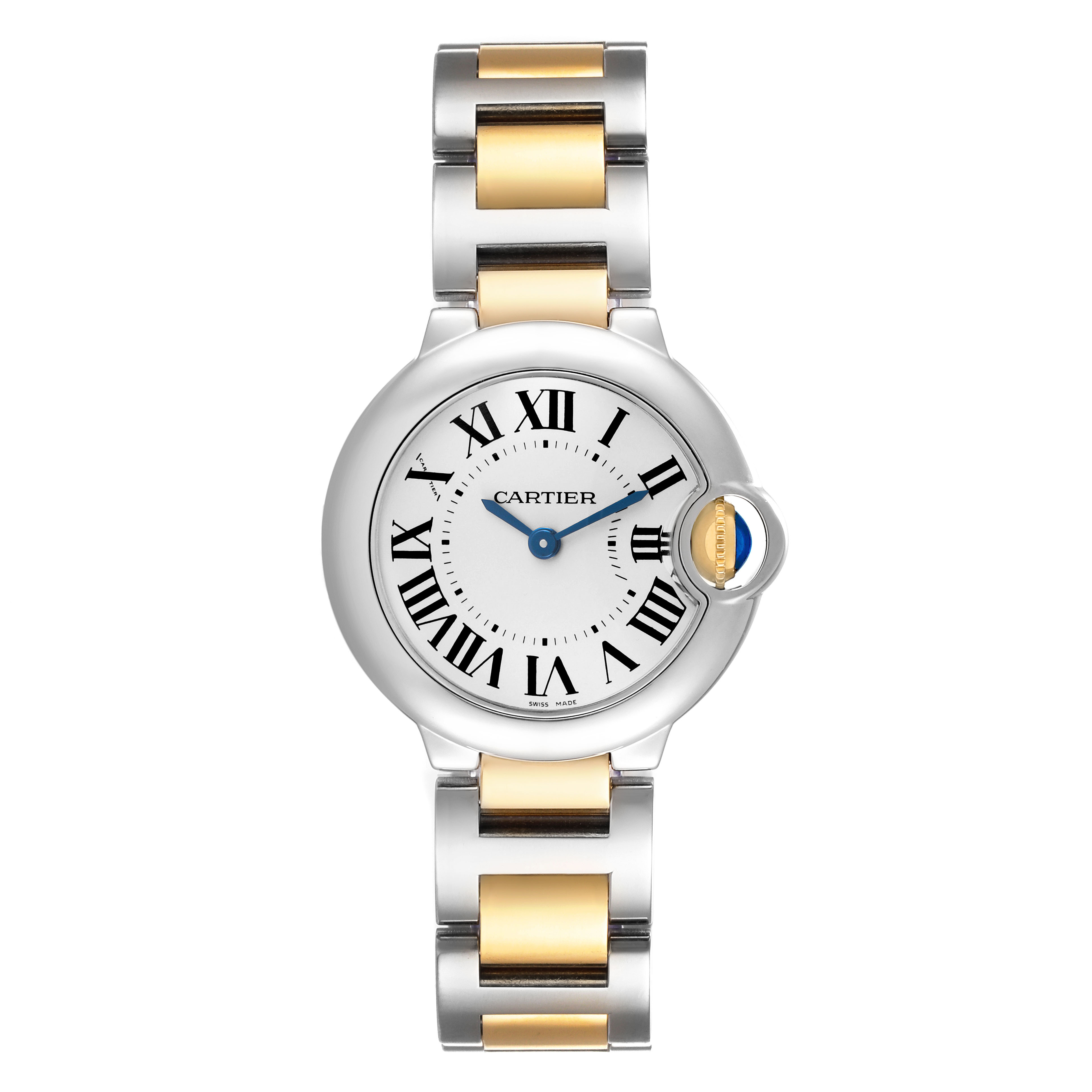 The image shows a front view of a Cartier Ballon Bleu W69007Z3 Women's Steel and Gold (two tone) Silver Dial watch, highlighting its face and two-tone bracelet.