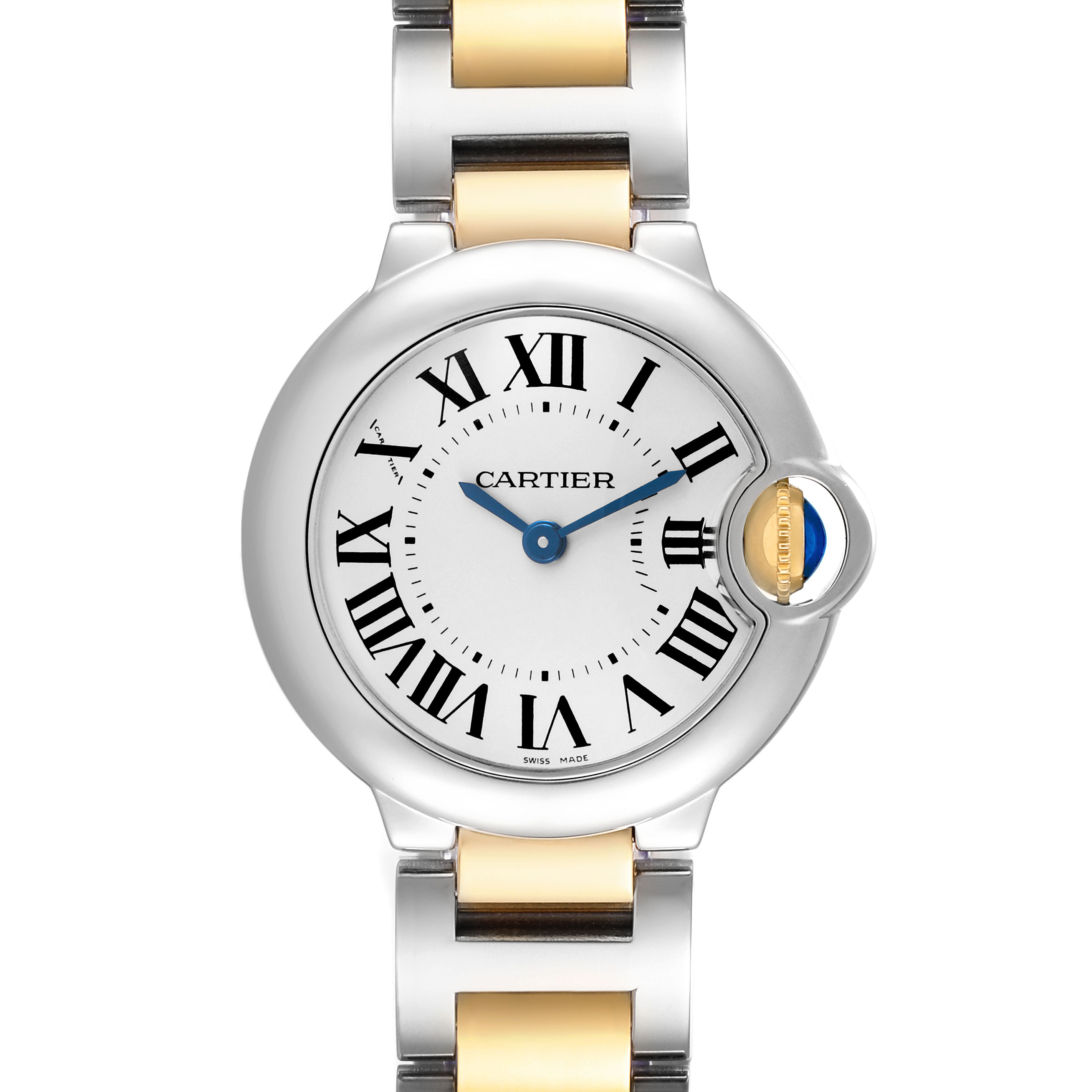 The Cartier Ballon Bleu W69007Z3 Women's Steel and Gold (two tone) Silver Dial watch is shown from the front, displaying the face, Roman numerals, hands, and part of the two-tone bracelet.