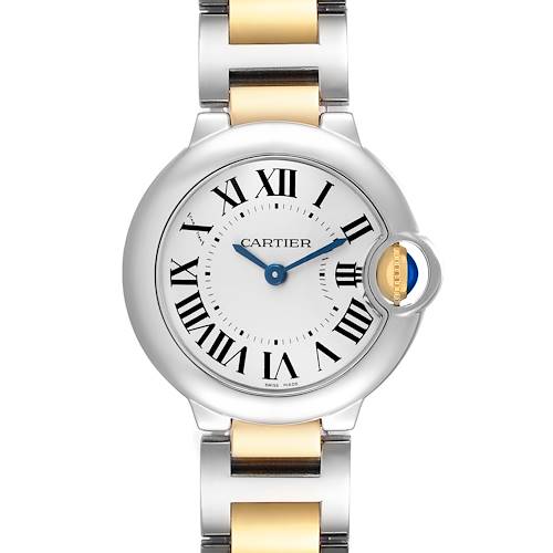 The Cartier Ballon Bleu W69007Z3 Women's Steel and Gold (two tone) Silver Dial watch is shown from the front, displaying its round face, Roman numerals, and metal bracelet with gold accents.