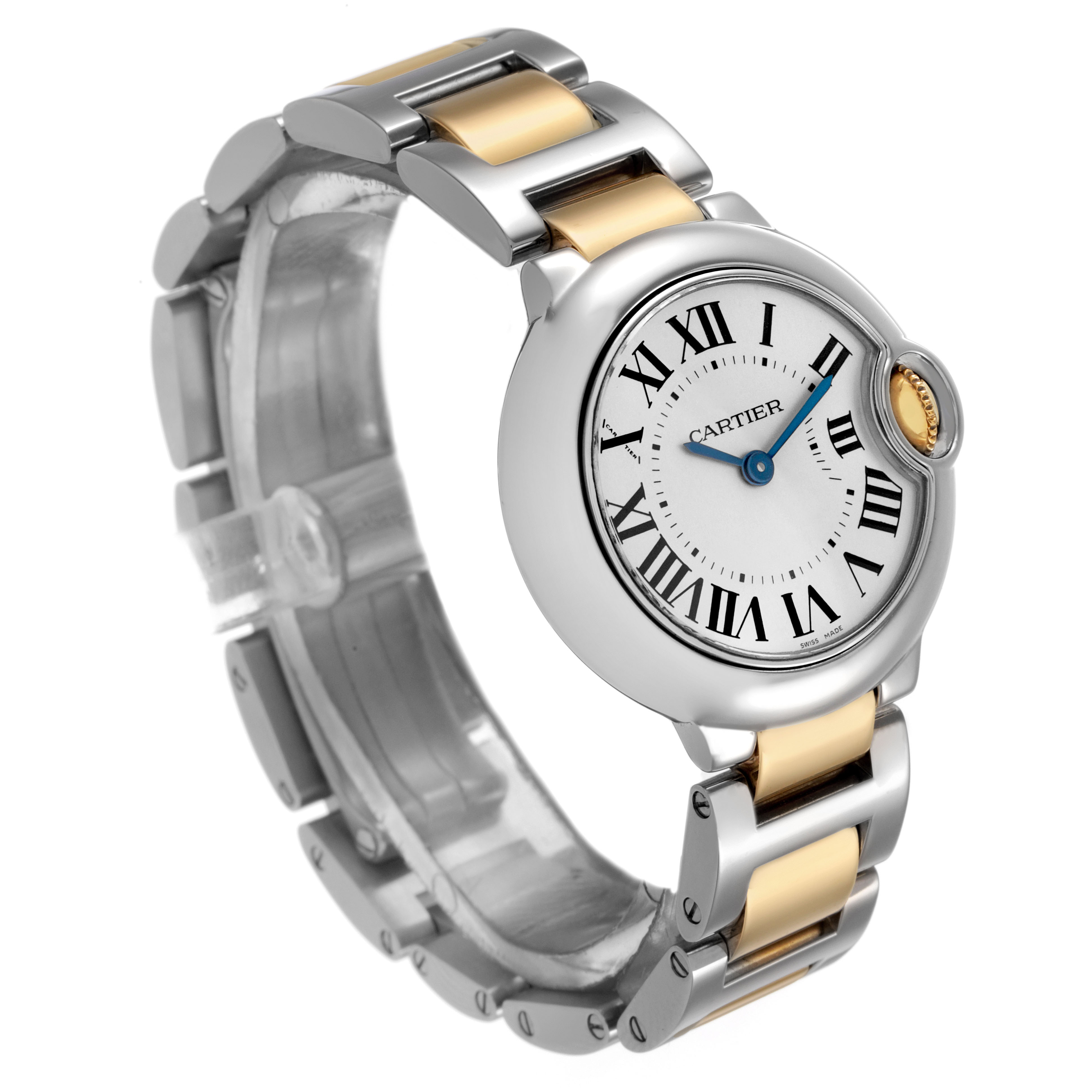 The Ballon Bleu de Cartier watch is shown at a front angle highlighting the face, crown, and two-tone bracelet.