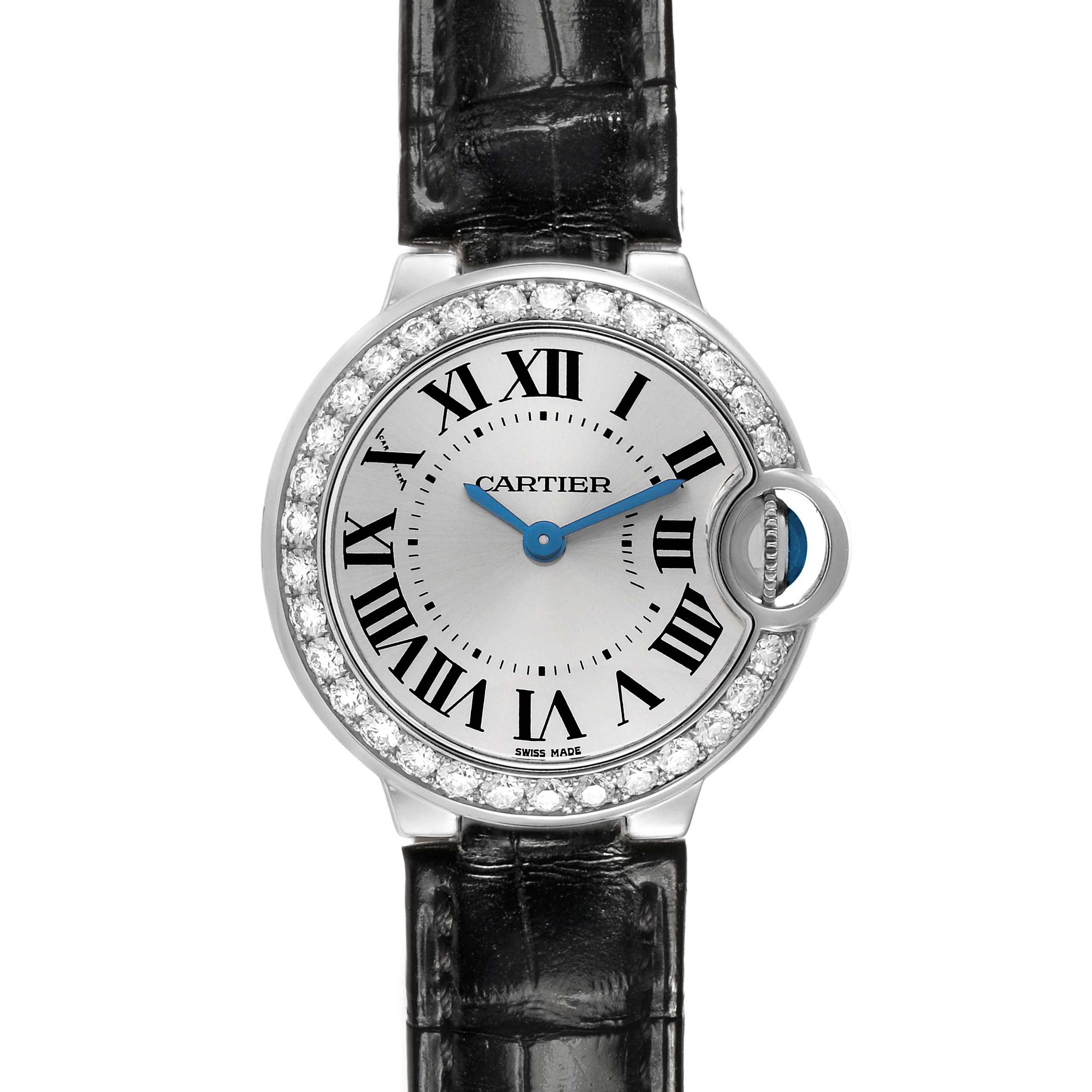 The Cartier Ballon Bleu WE900351 Women's White Gold Silver Dial watch is shown from a top-down angle, highlighting its Roman numeral dial, diamond bezel, and black leather strap.