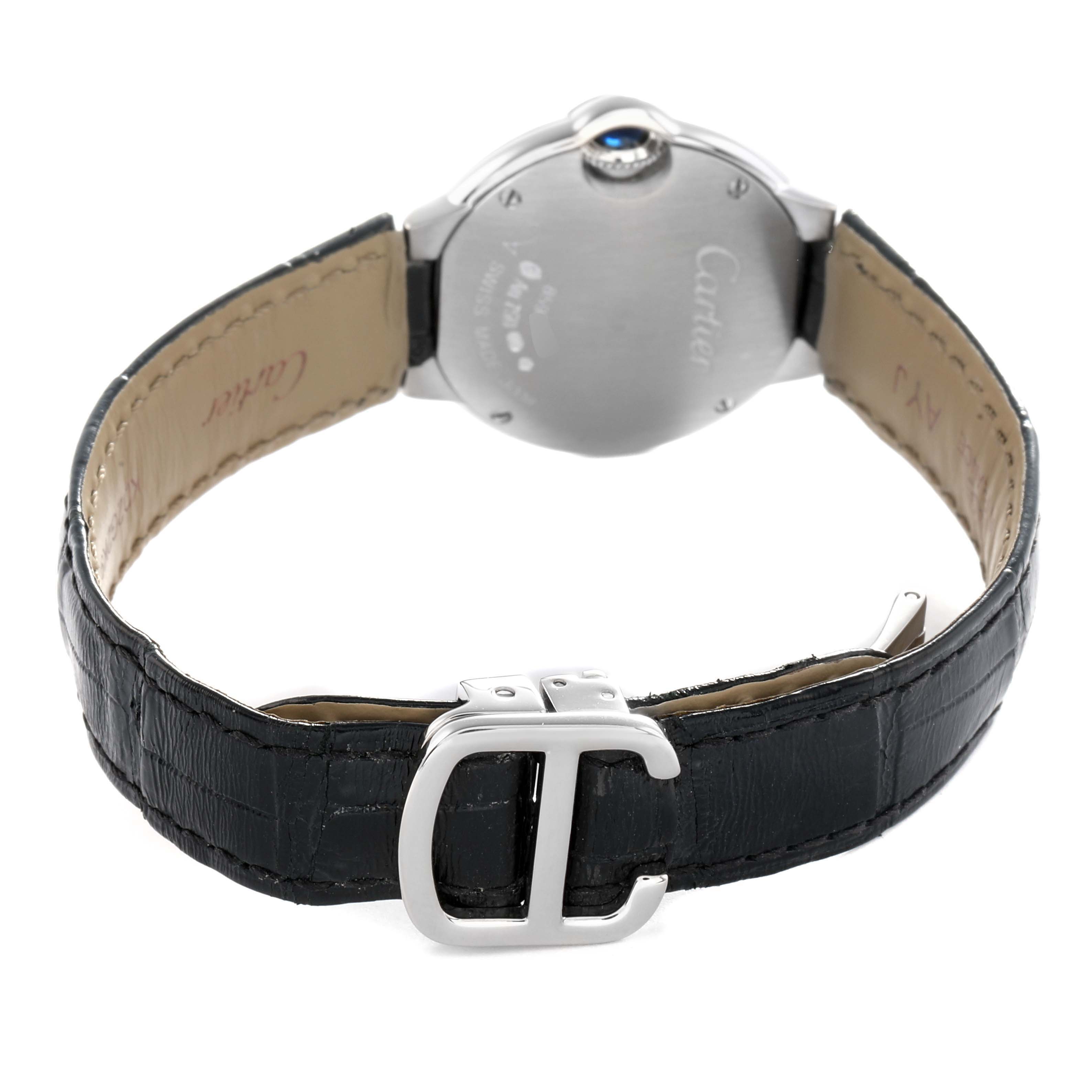 The image shows the back case and clasp of the Cartier Ballon Bleu WE900351 Women's White Gold Silver Dial watch, focusing on the leather strap and deployment buckle.