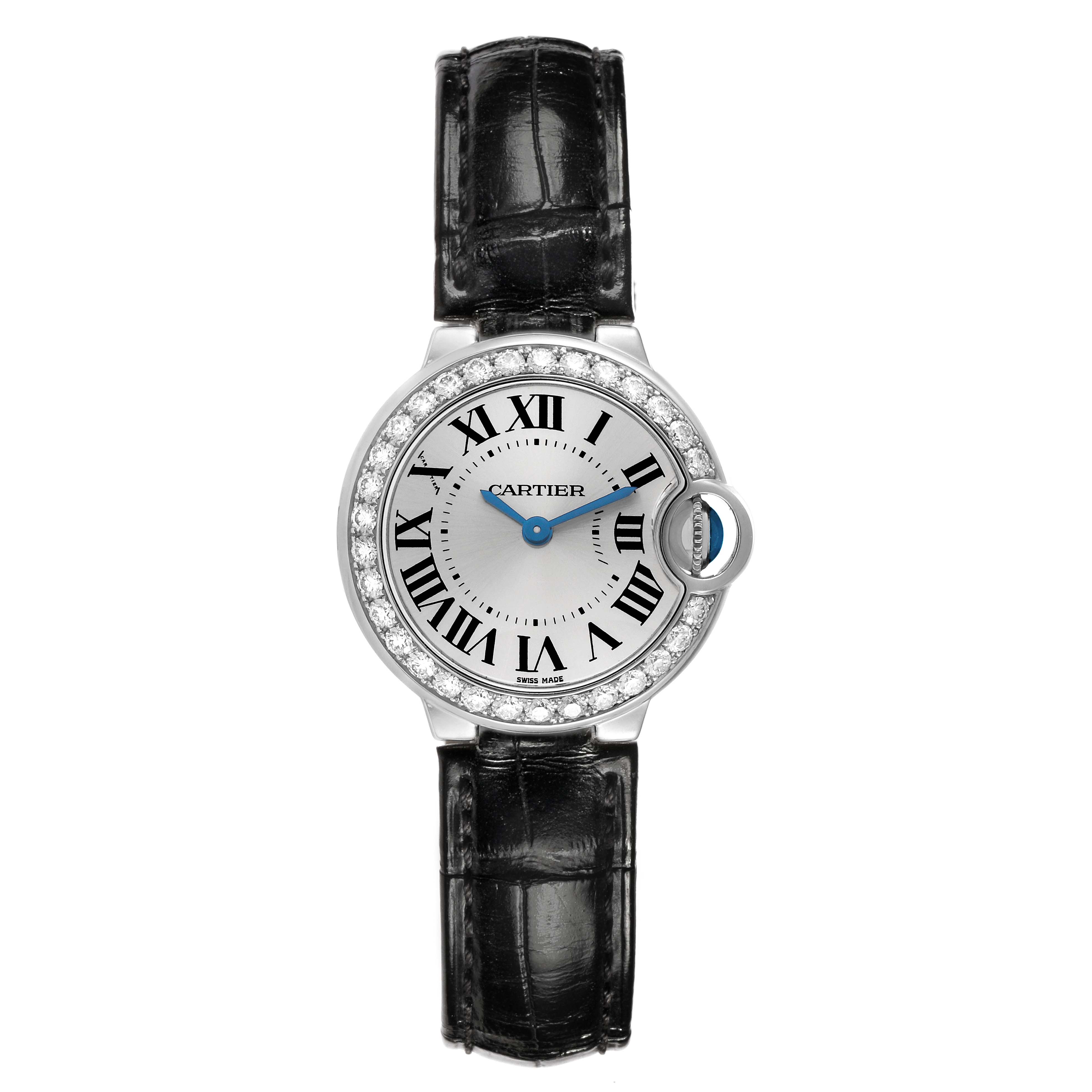 The Cartier Ballon Bleu WE900351 Women's White Gold Silver Dial watch is shown from the front, displaying its round face, Roman numerals, and black leather strap.