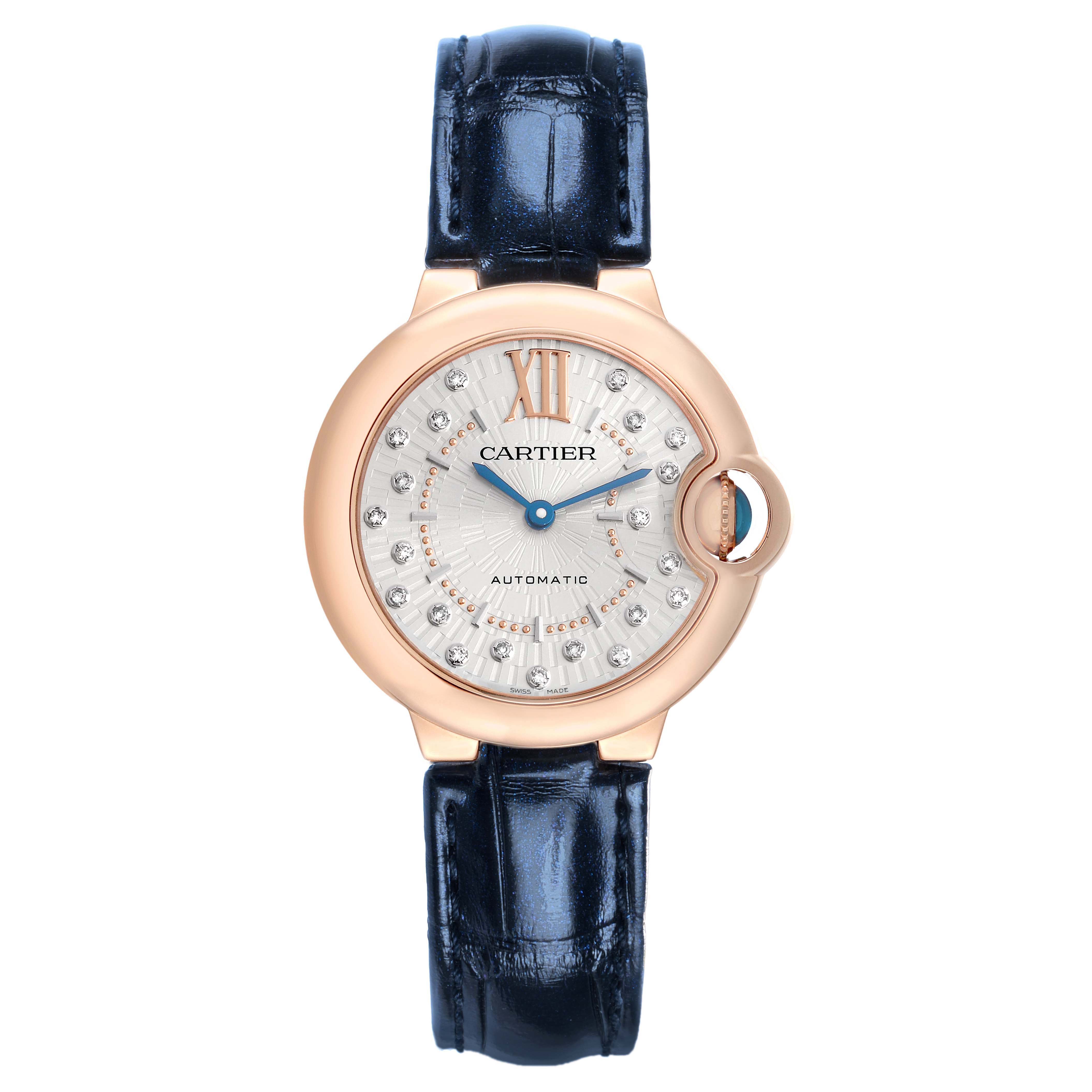 The Cartier Ballon Bleu WGBB0052 Women's Rose Gold Silver Dial watch is shown from the front, displaying its round face and blue strap.