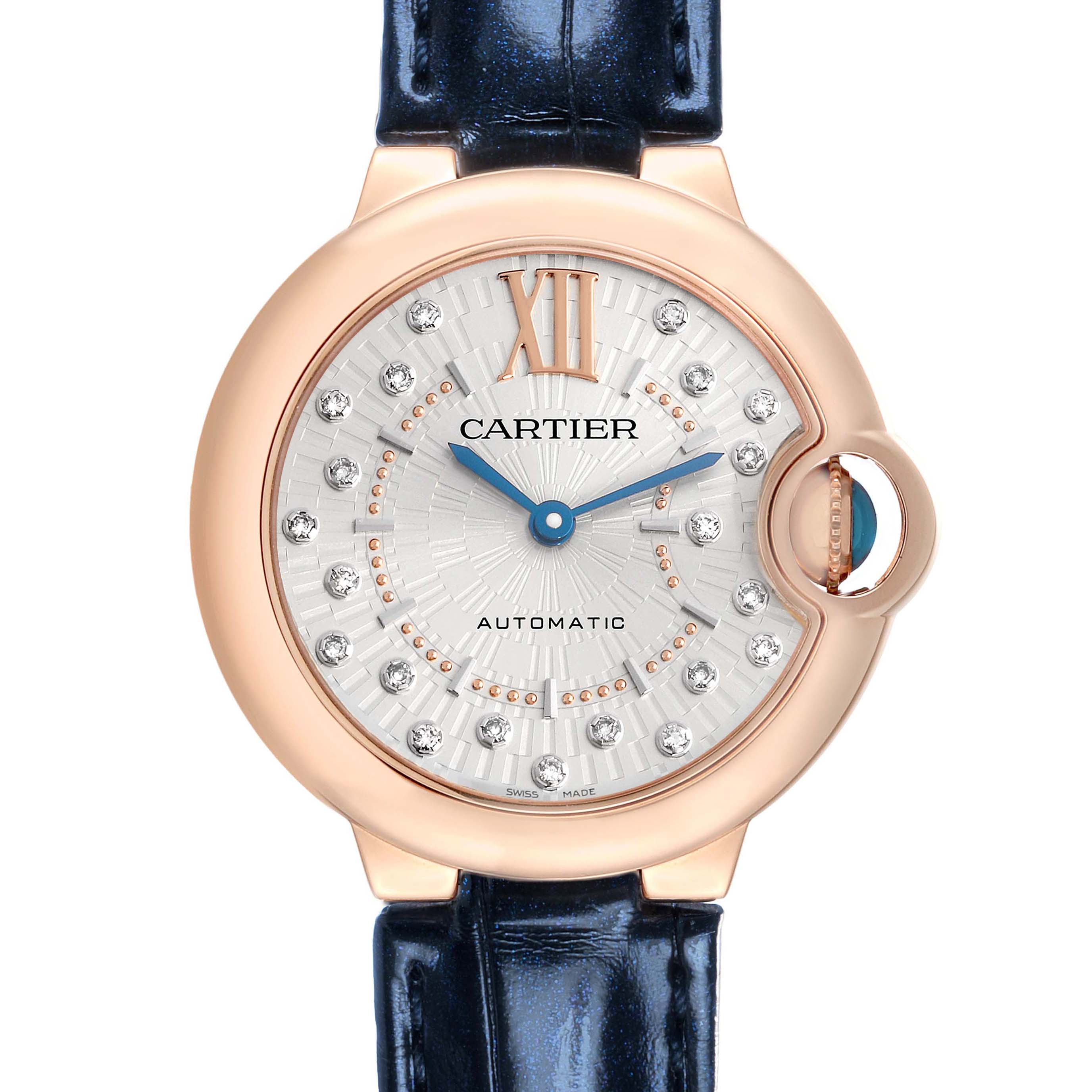 The Cartier Ballon Bleu WGBB0052 Women's Rose Gold Silver Dial watch is shown from the front, displaying its face, hands, and strap.