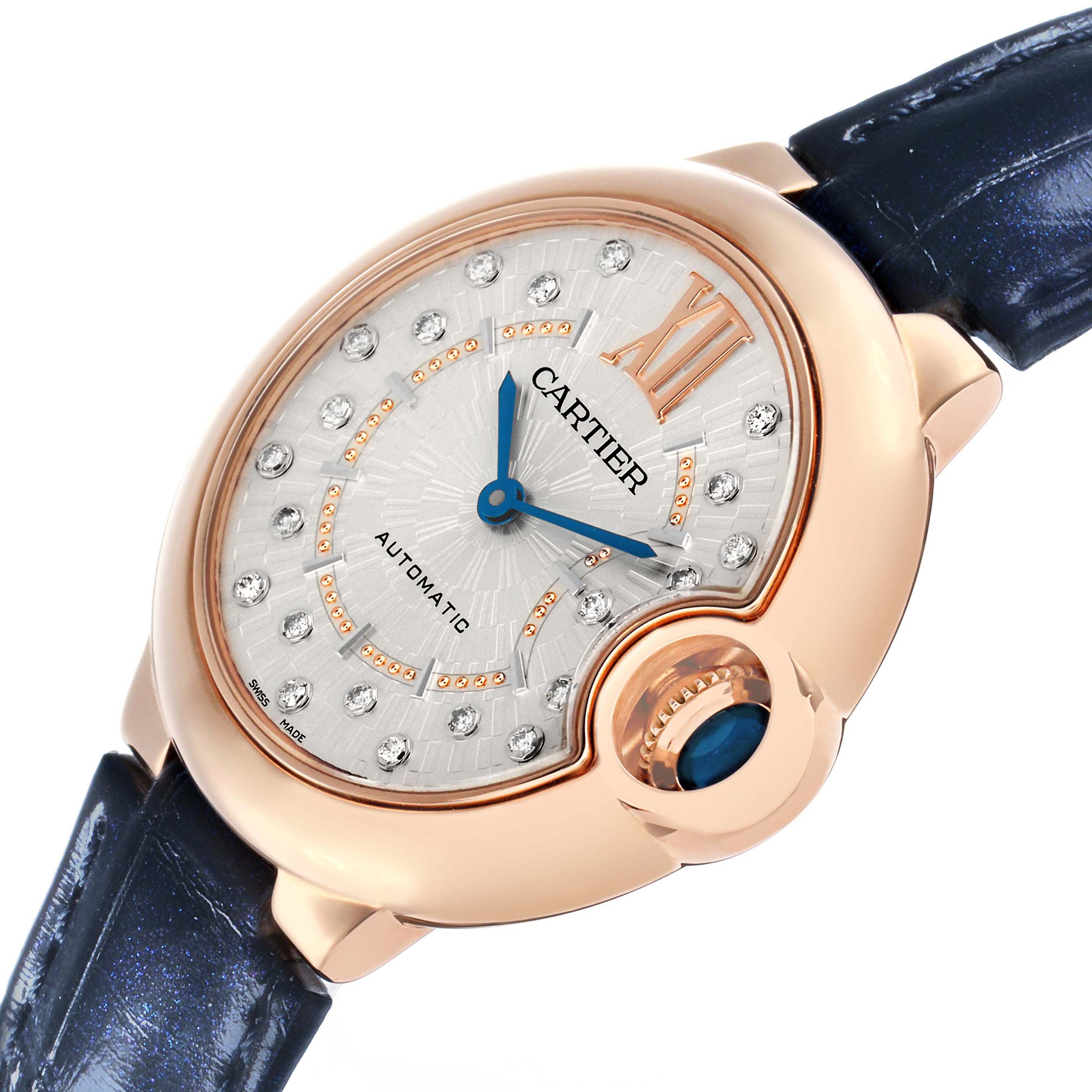 The Cartier Ballon Bleu WGBB0052 Women's Rose Gold Silver Dial watch is shown at a slight angle, highlighting the face, diamond indices, and crown detail.