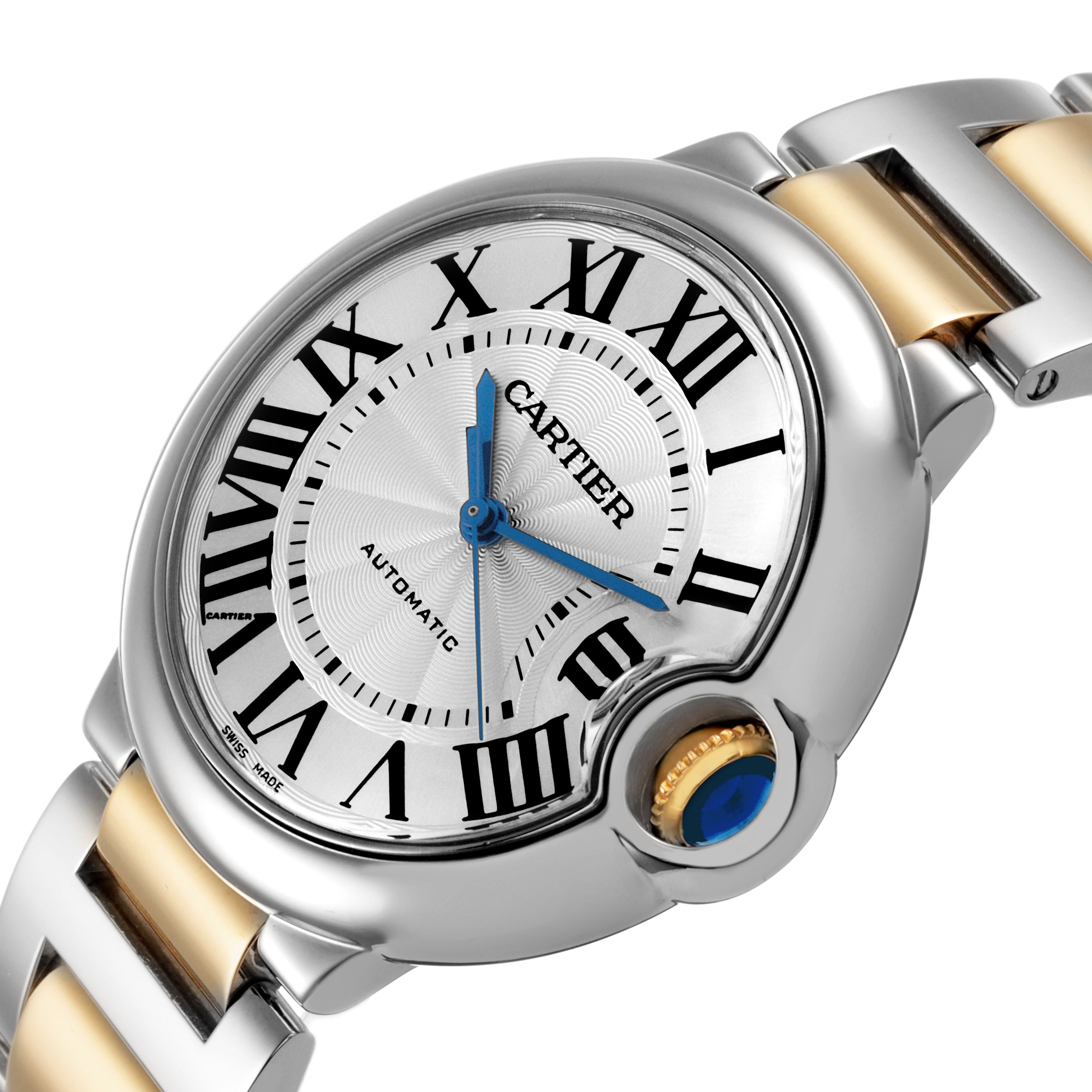 The Cartier Ballon Bleu W6920047 Women's Stainless Steel Silver Dial watch is shown at an angled close-up highlighting the dial, Roman numerals, and crown detail.