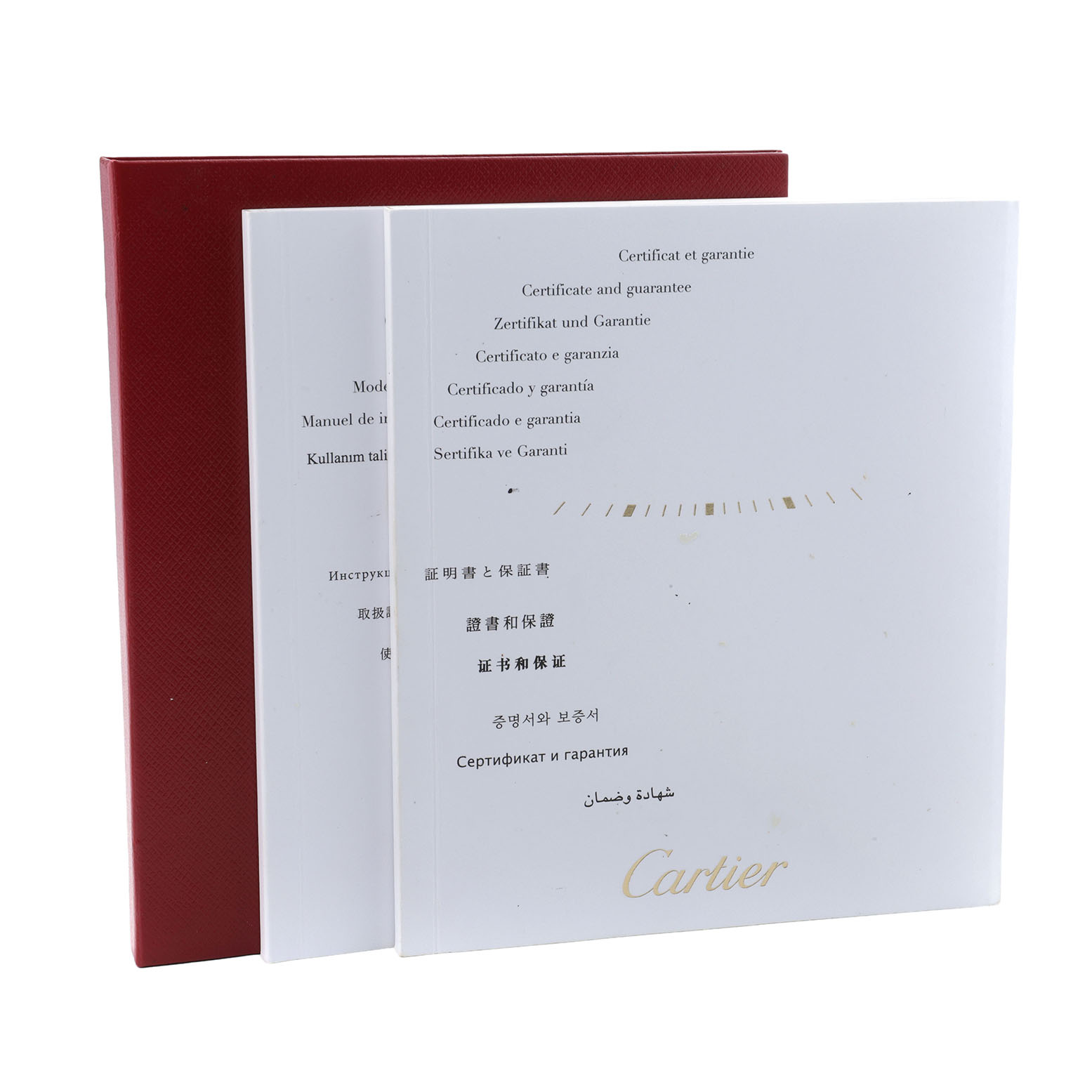 The image shows documentation and a red folder for the Cartier Ballon Bleu W6920047 Women's Stainless Steel Silver Dial model, viewed from the front.