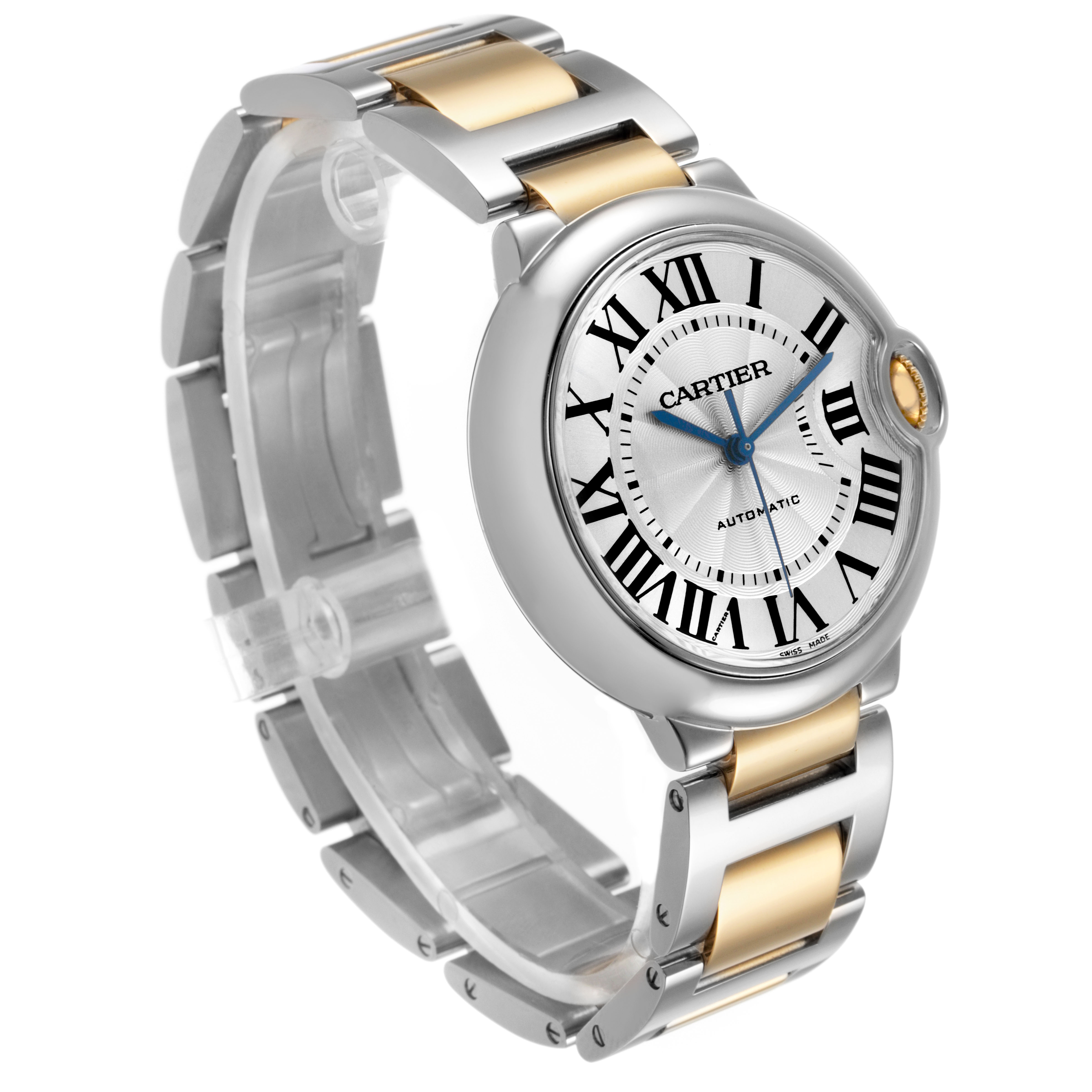 The Cartier Ballon Bleu W6920047 Women's Stainless Steel Silver Dial watch is shown at a three-quarter angle, displaying its face, crown, and metal strap.