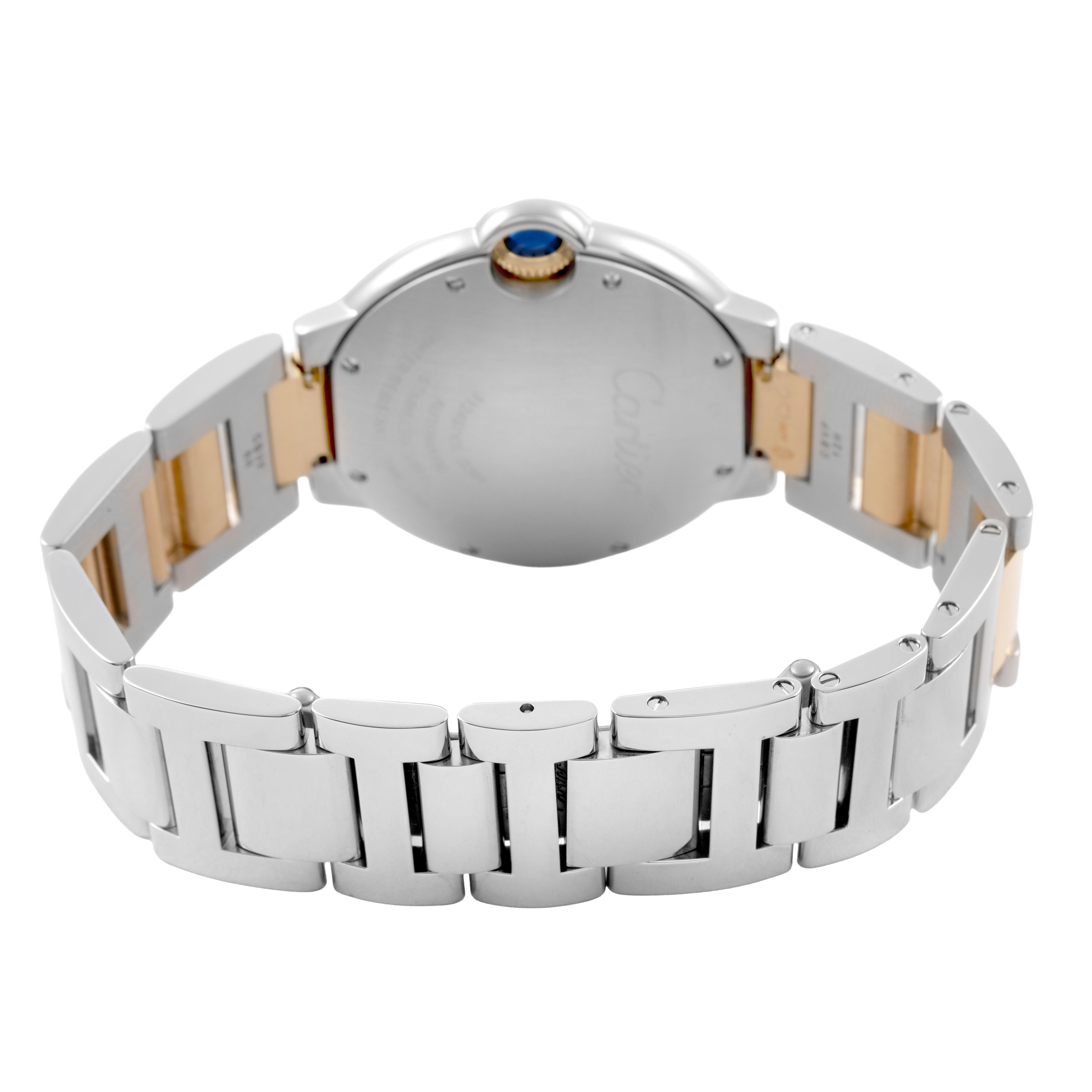 The image shows the back and bracelet of a Cartier Ballon Bleu W6920047 Women's Stainless Steel Silver Dial watch, focusing on the clasp and crown side.
