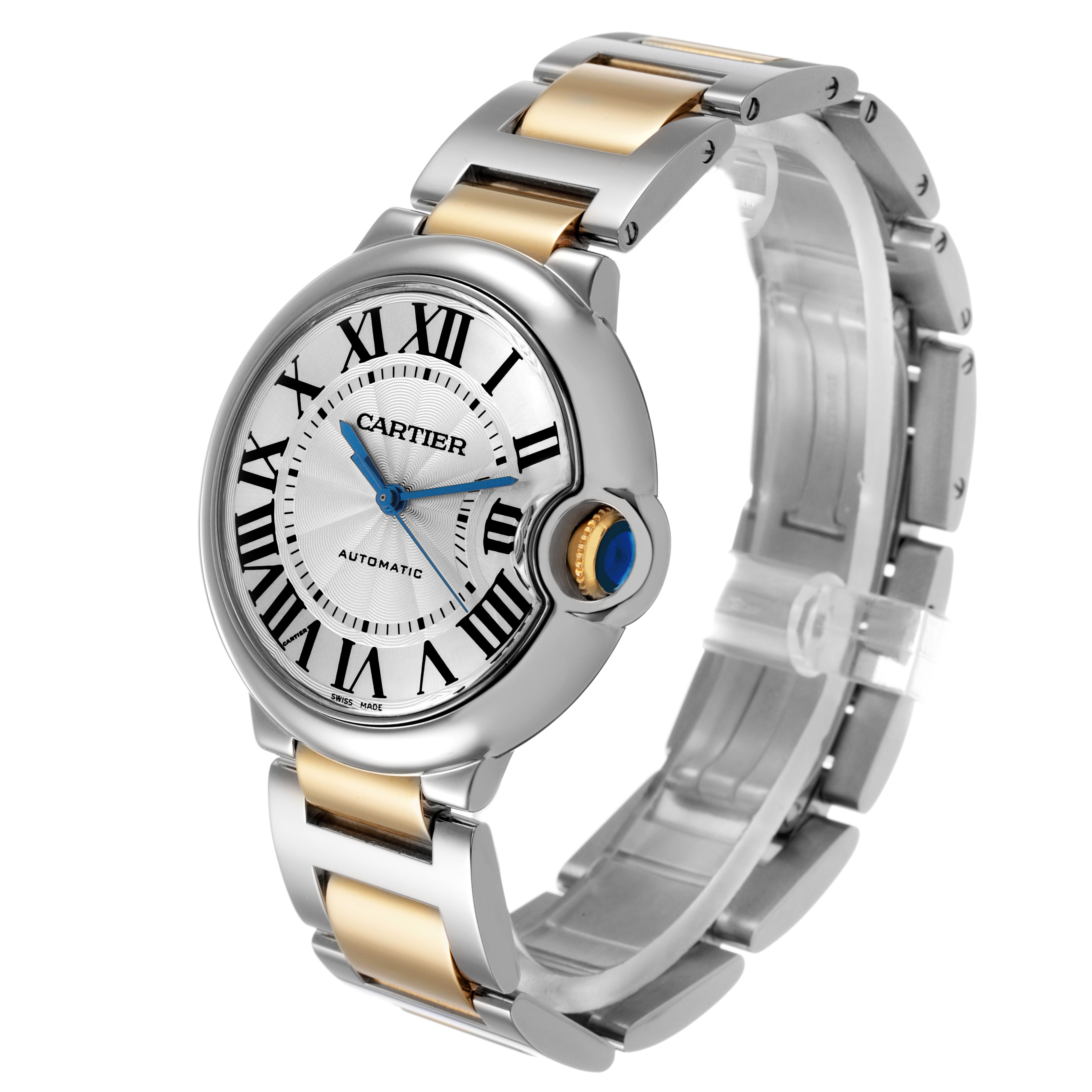 The Cartier Ballon Bleu W6920047 Women's Stainless Steel Silver Dial watch is shown at a three-quarter angle featuring the dial, crown, and bracelet.