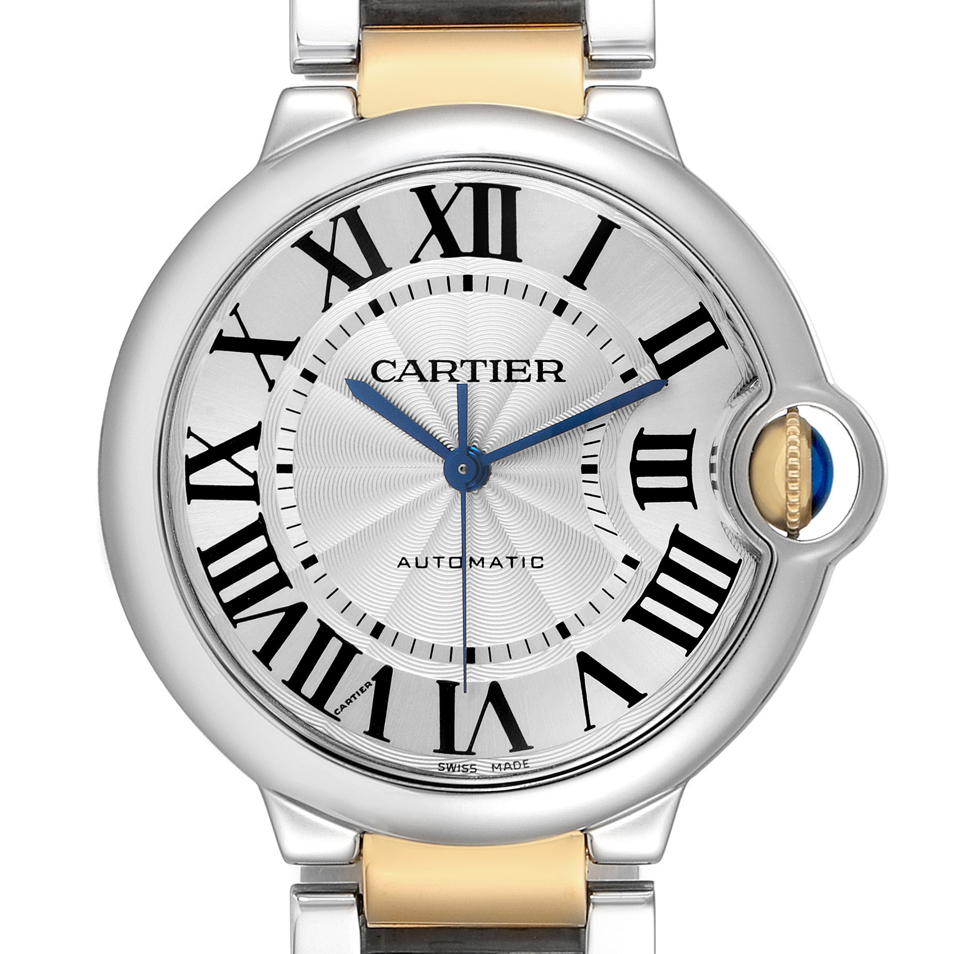 The Cartier Ballon Bleu W6920047 Women's Stainless Steel Silver Dial watch is shown from a front angle, highlighting its Roman numeral dial and the signature blue sapphire cabochon crown.
