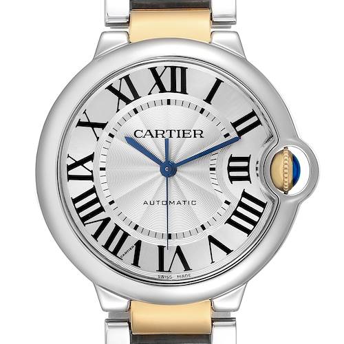 The Cartier Ballon Bleu W6920047 Women's Stainless Steel Silver Dial watch is shown from the front, highlighting the dial, hands, crown, and Roman numerals.