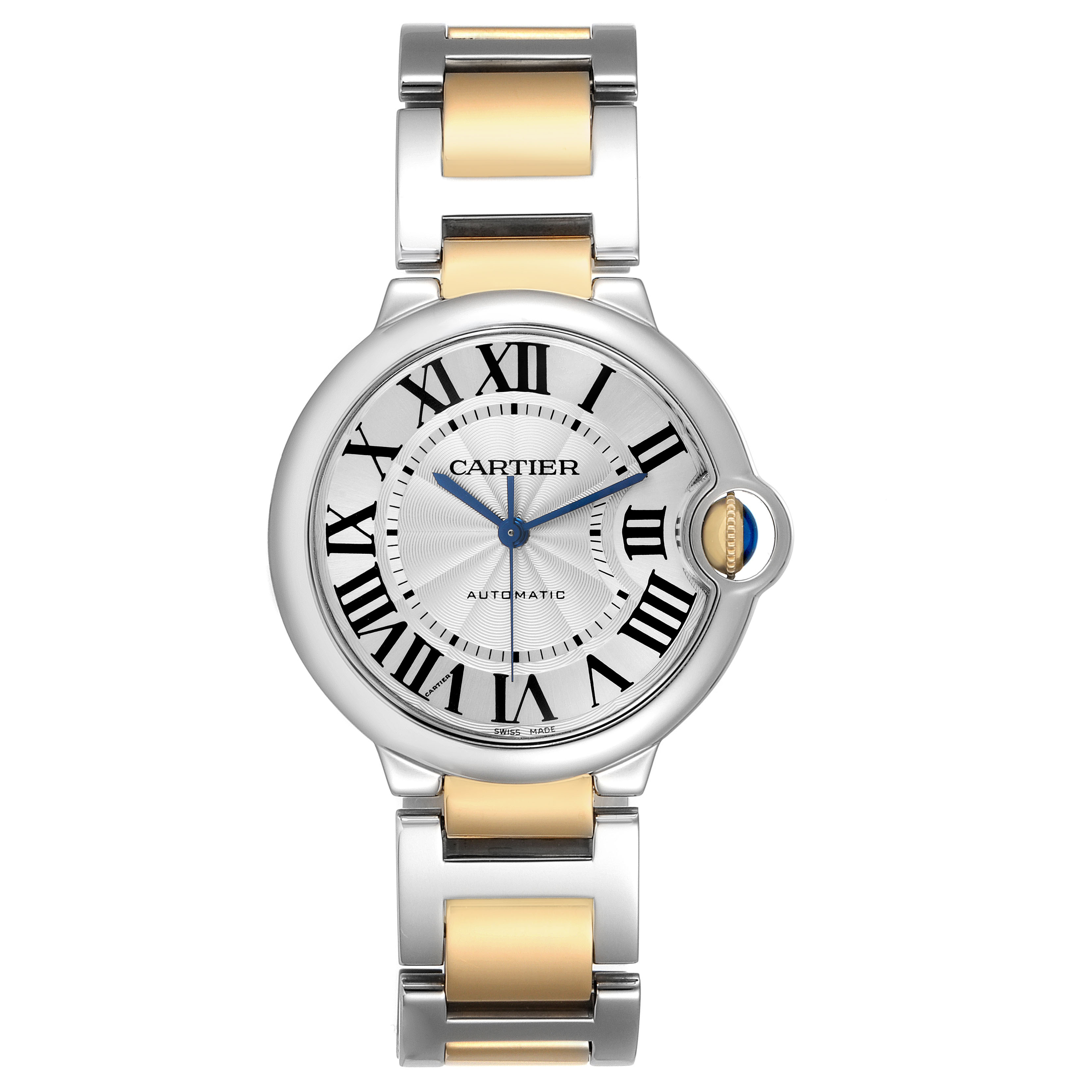 The Ballon Bleu by Cartier is shown from a front angle, highlighting the face, Roman numerals, and two-tone bracelet.