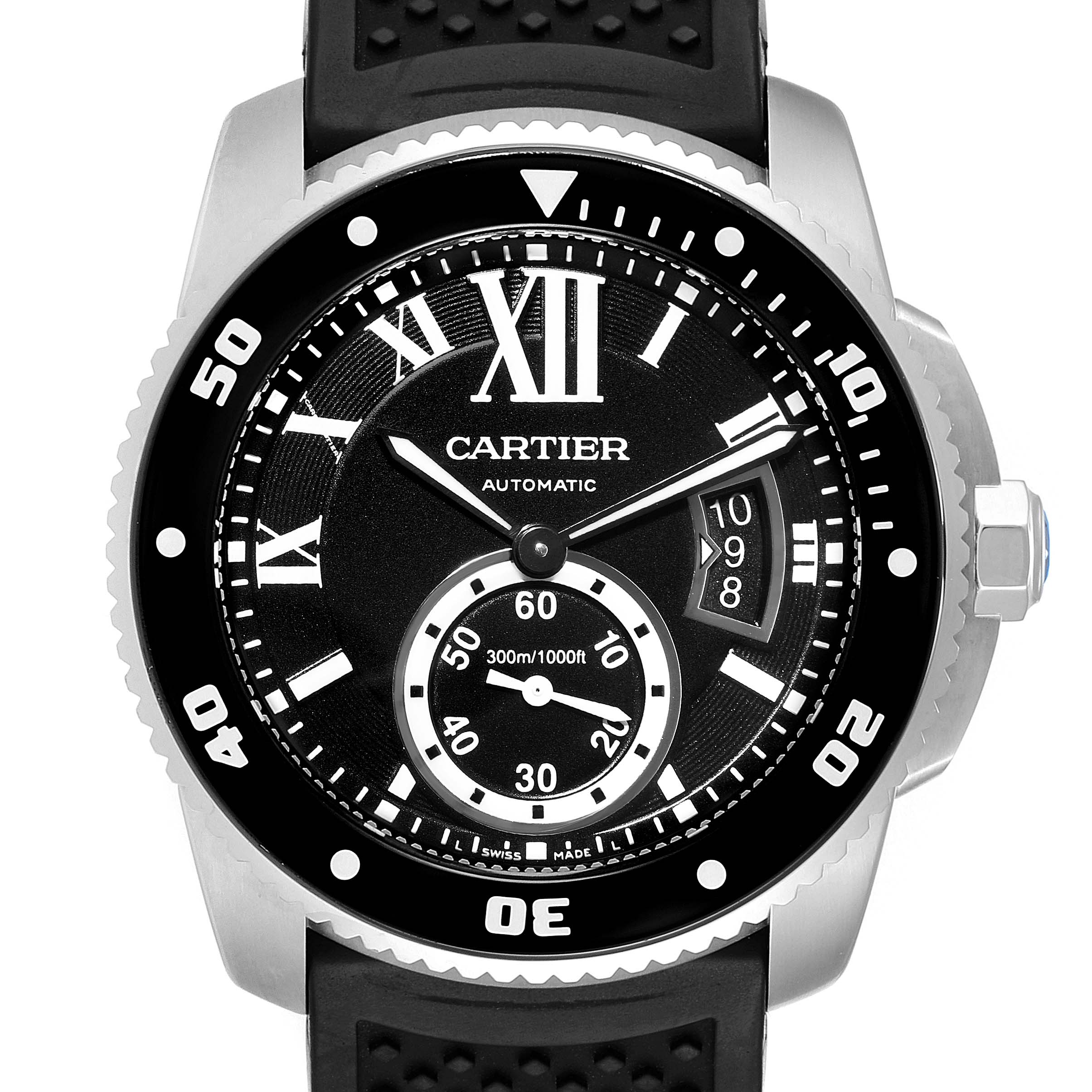 This Calibre de Cartier watch by Cartier is shown from the front, highlighting the dial, bezel, hands, and strap.