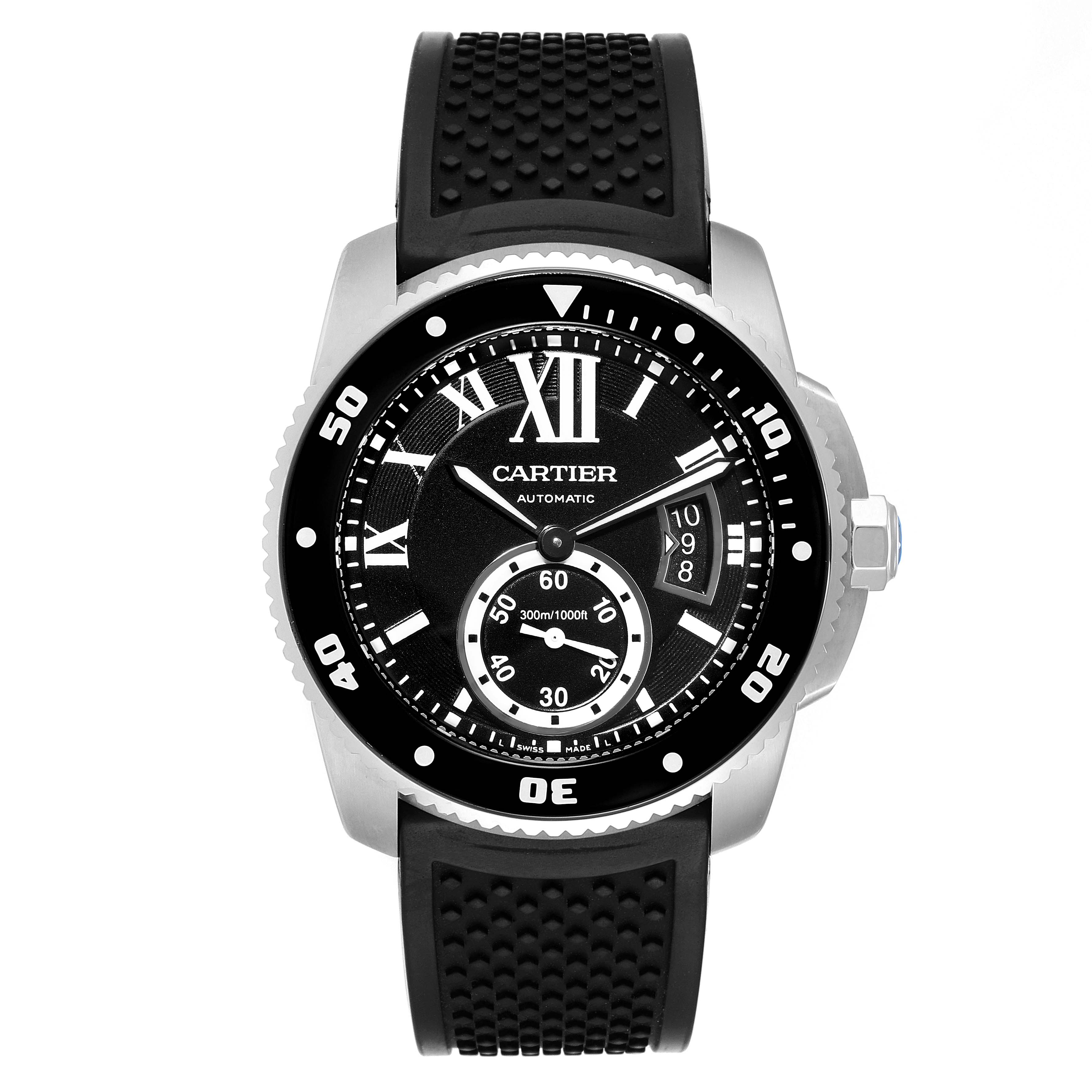 The image shows a Cartier Calibre de Cartier W7100056 Men's Stainless Steel Black Dial W7100056 Men's Stainless Steel Black Dial watch from a front angle, displaying its black dial, bezel, and rubber strap.