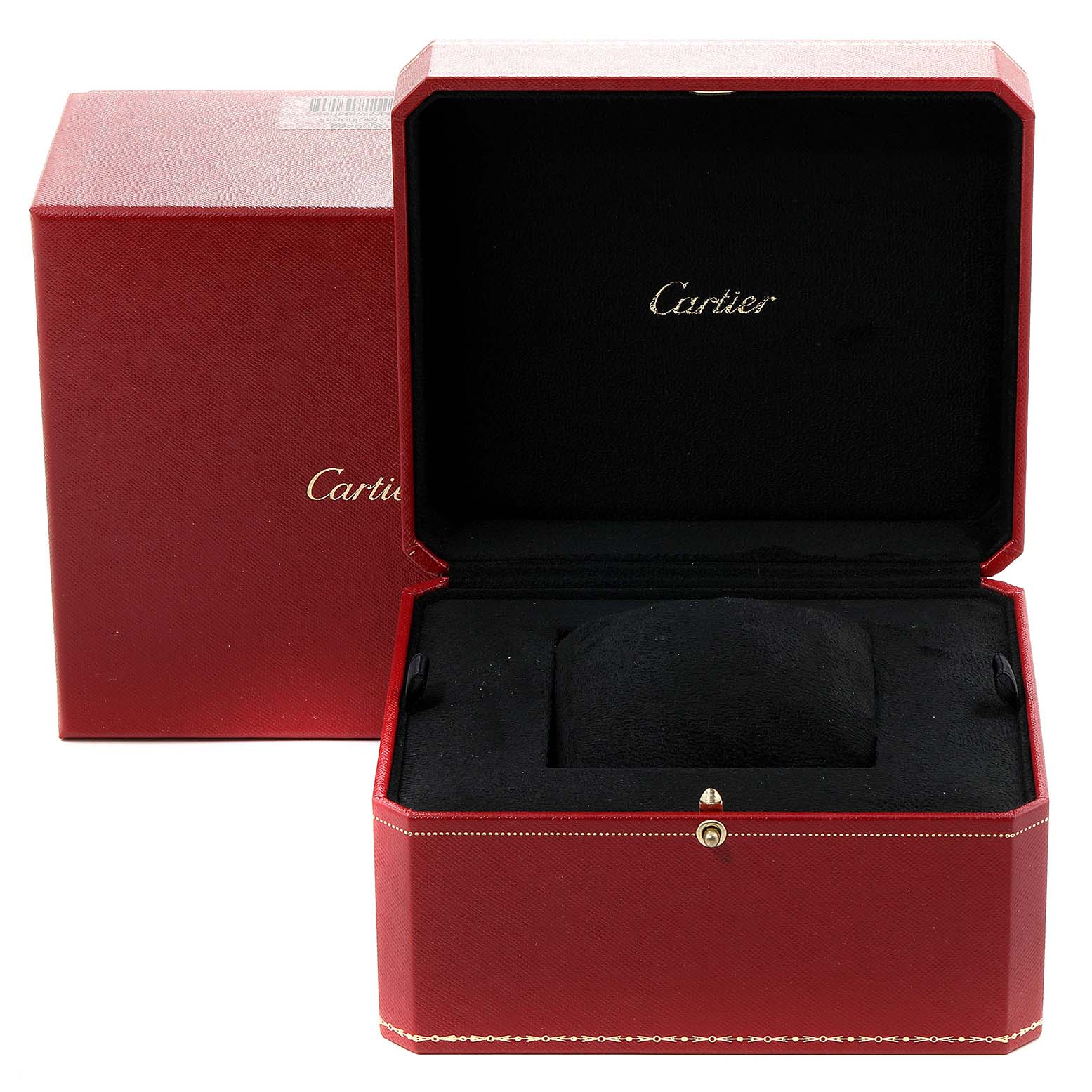 The image shows an open red Cartier box designed for the Calibre de Cartier model, displaying its interior.