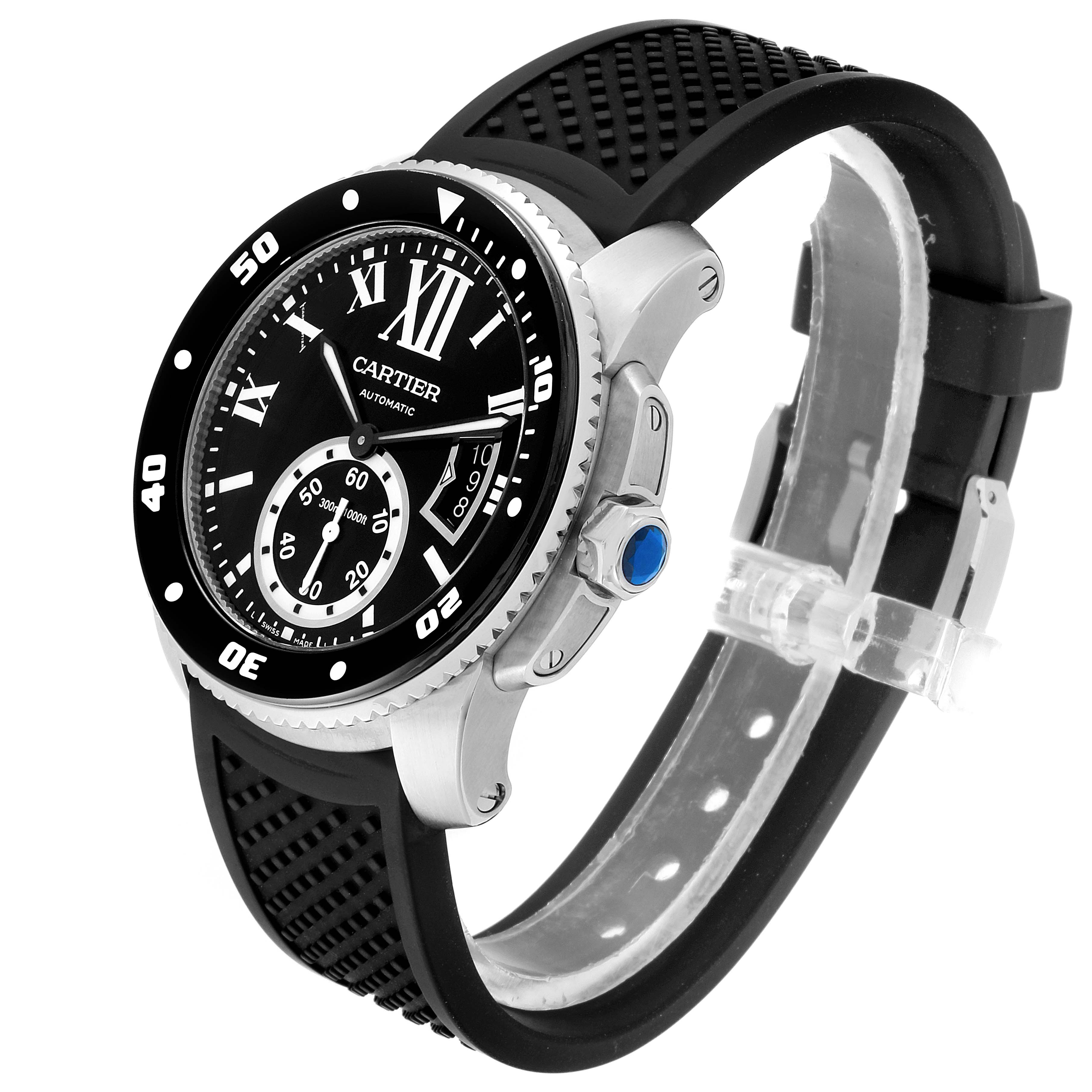 The Calibre de Cartier watch by Cartier is shown at a three-quarter angle, highlighting the face, bezel, and strap.