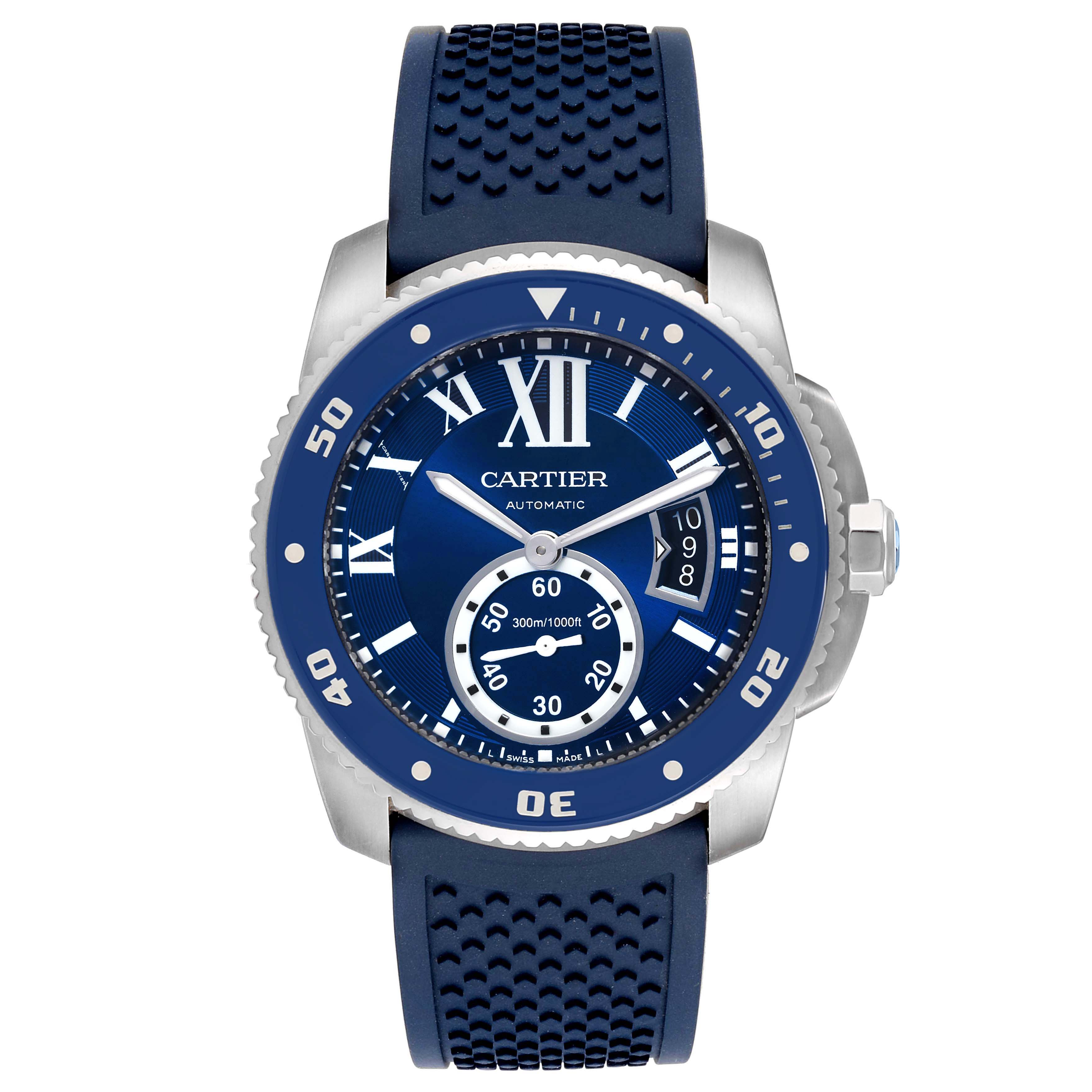 The image shows a front view of a Calibre de Cartier model by Cartier with a blue dial and strap.