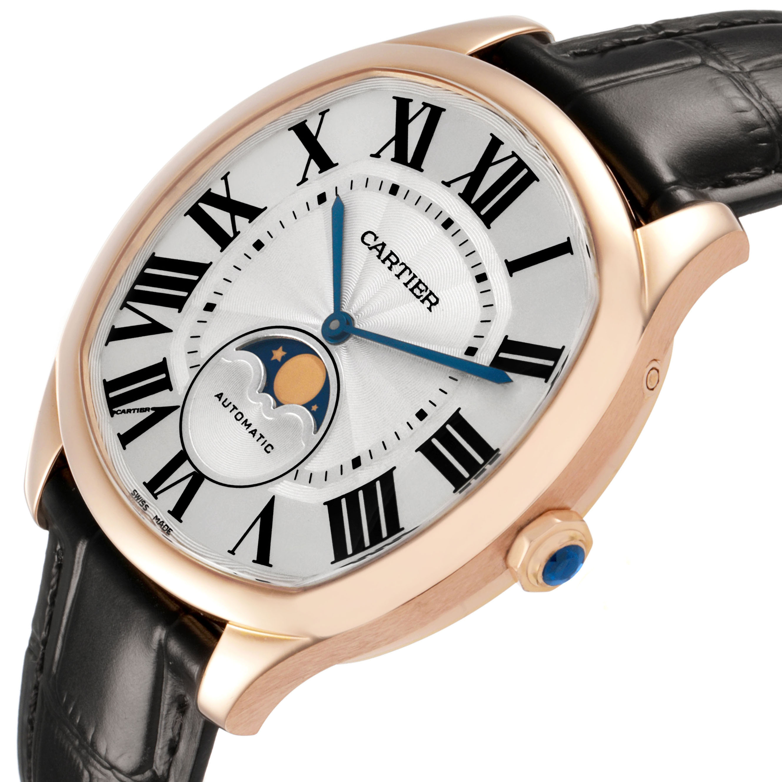The Drive de Cartier watch is shown at an angle highlighting the face, Roman numerals, moon phase, crown, and strap.