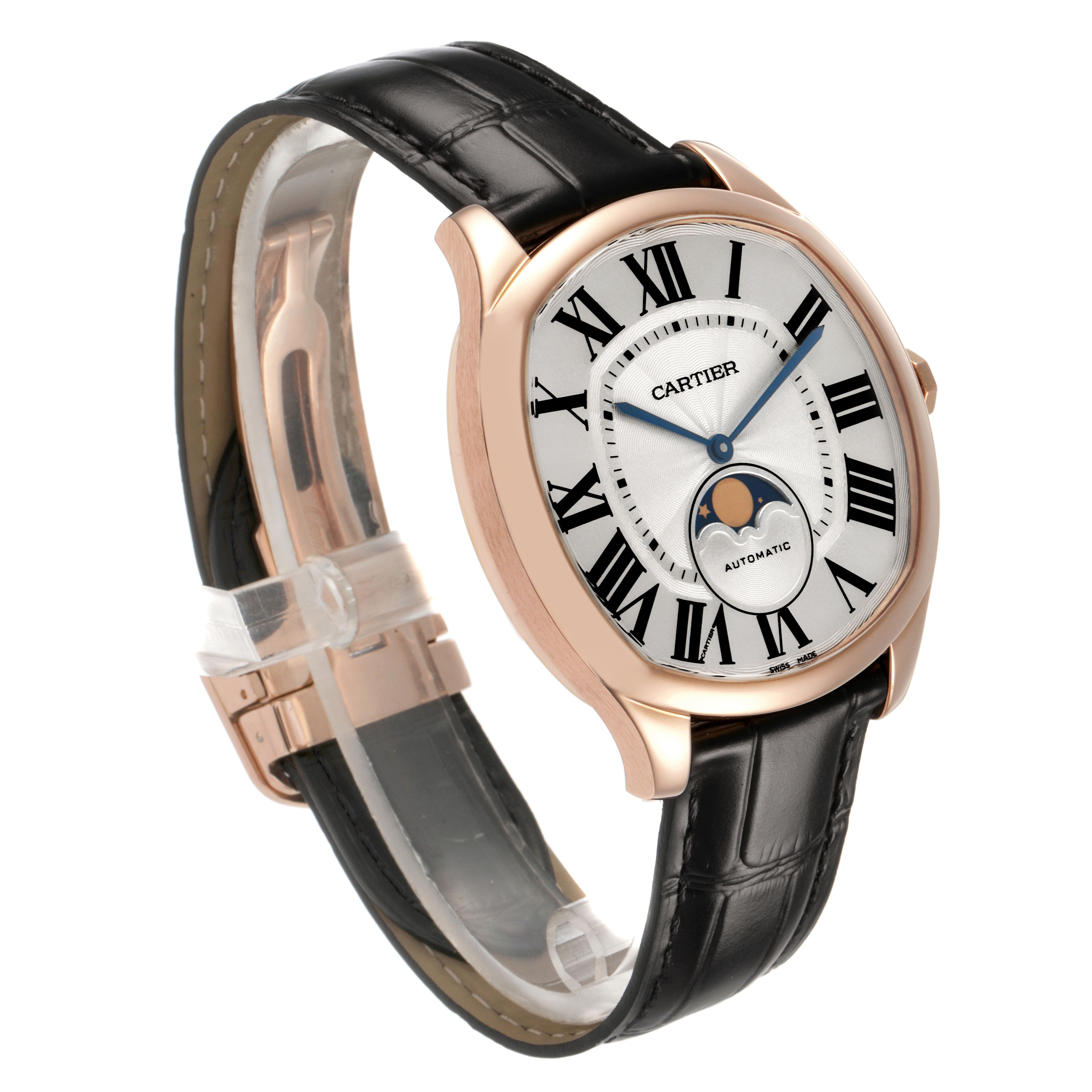 The Drive de Cartier watch is shown at a three-quarter angle, highlighting the face, case, strap, and moon phase feature.
