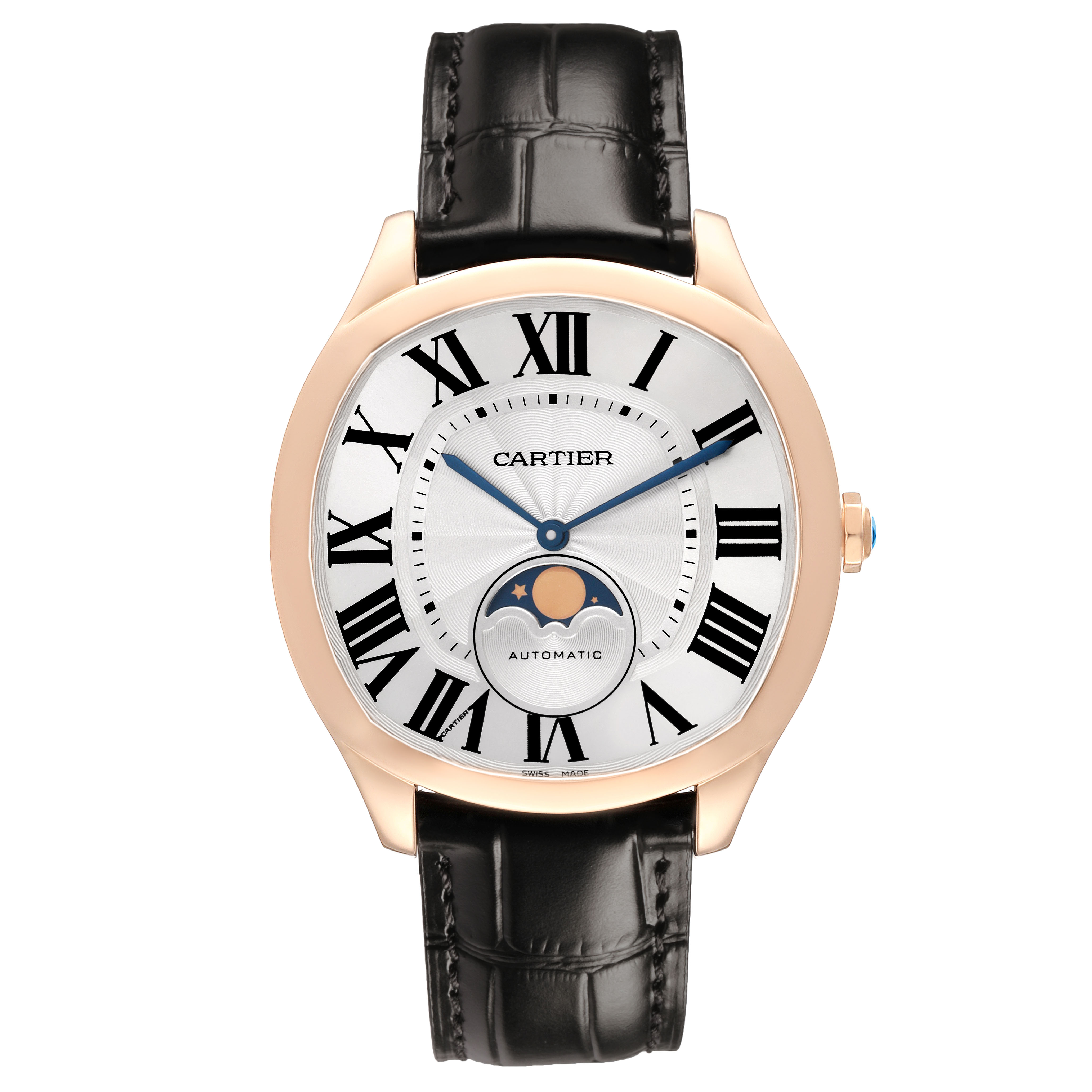 The Drive de Cartier watch by Cartier is shown from a front view, displaying the dial, Roman numerals, and moon phase complication.