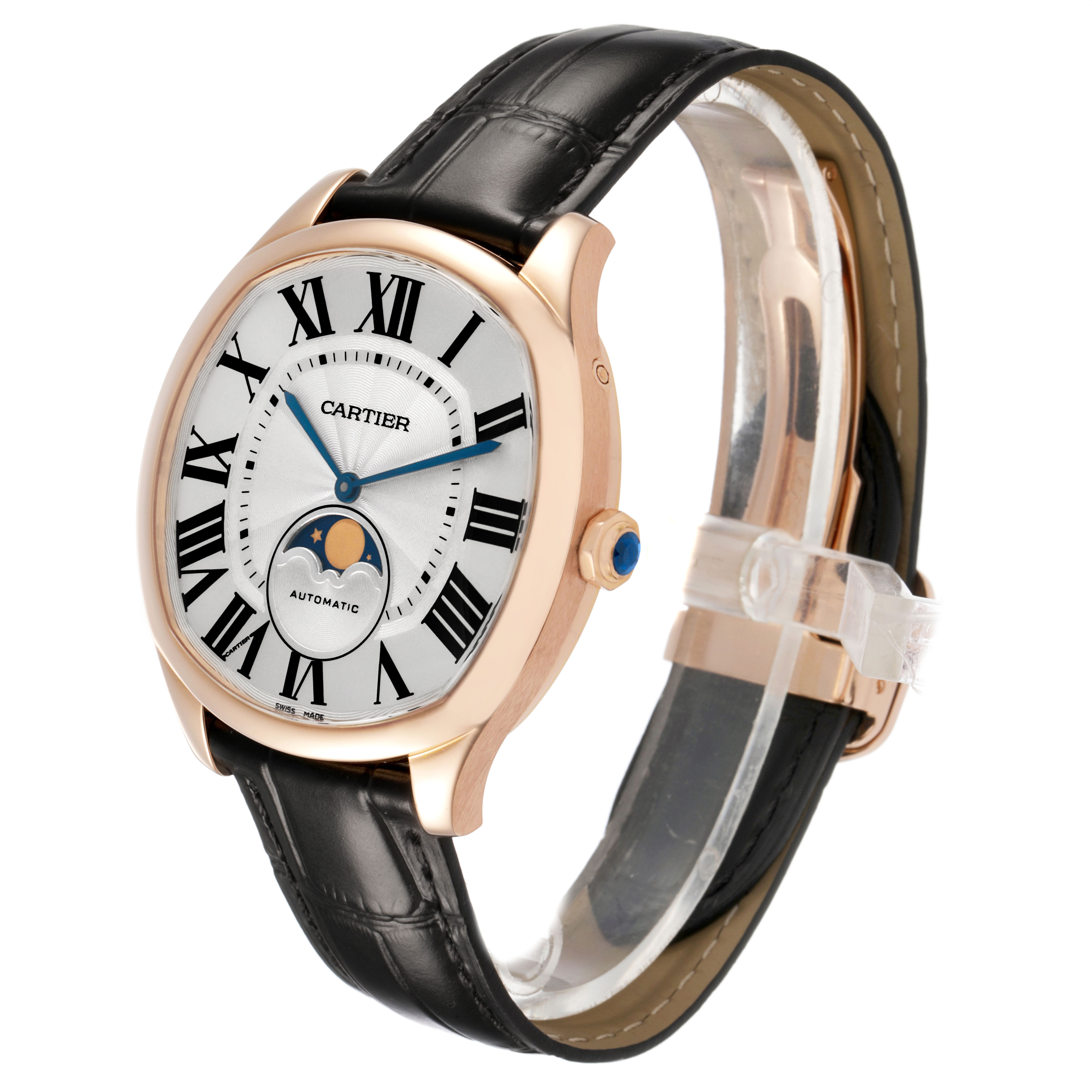 This Drive de Cartier watch is shown at a three-quarter angle, highlighting the dial, crown, and leather strap.