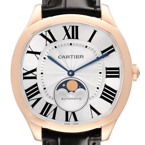 The Drive de Cartier watch is shown from the front, highlighting the dial, Roman numerals, moon phase, and crown.