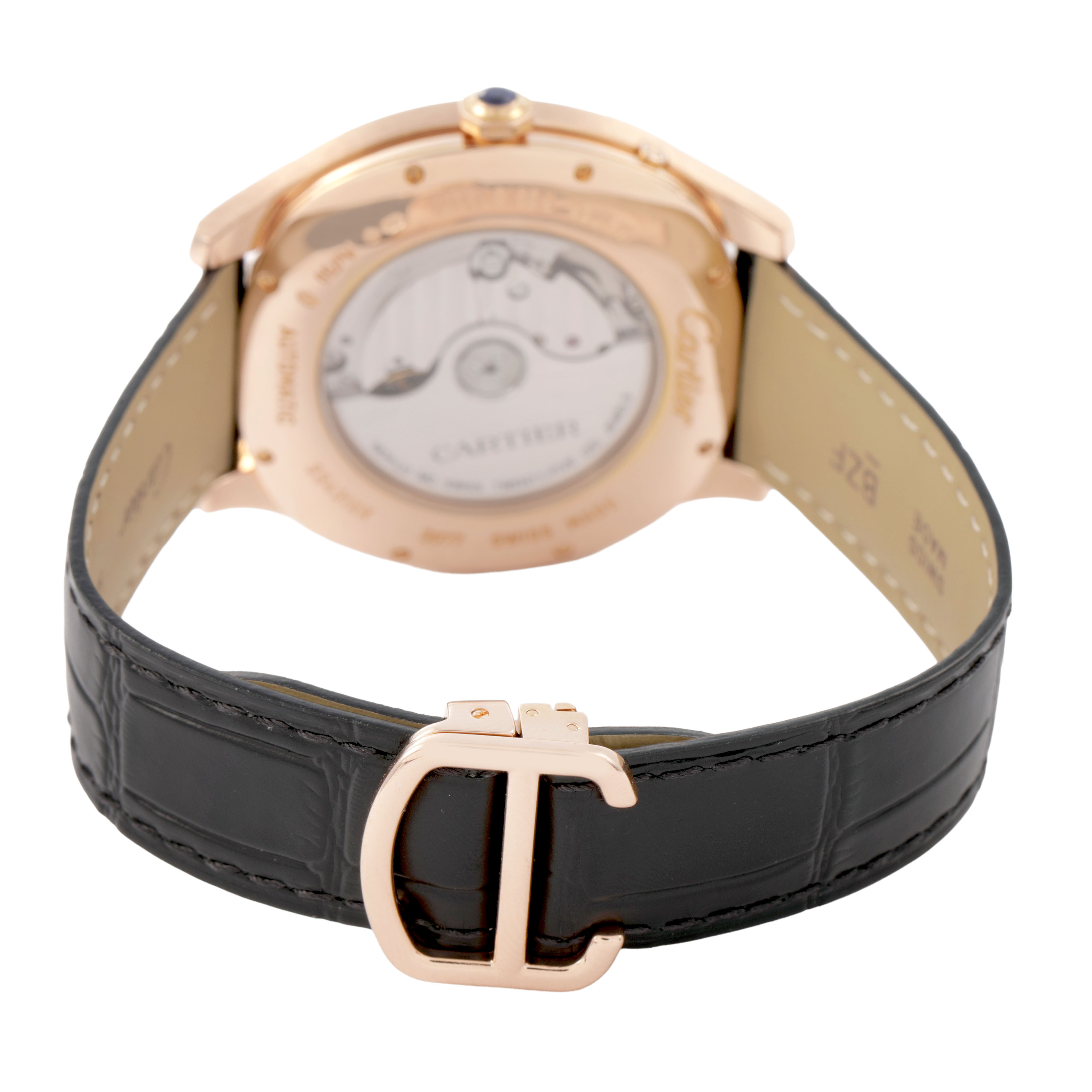 The image shows the back of a Drive de Cartier watch, highlighting the case back and leather strap with a clasp.