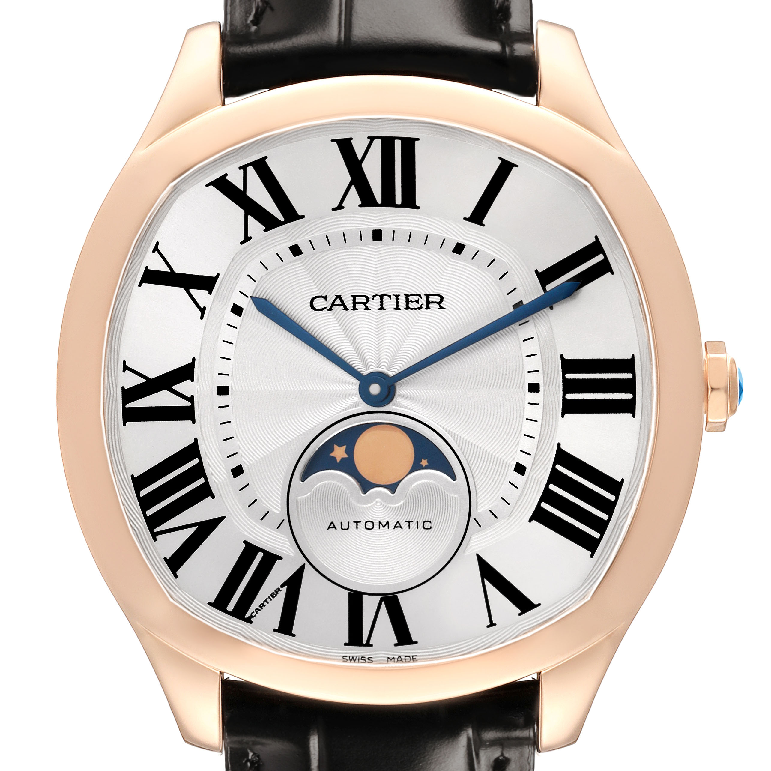 The Drive de Cartier watch is shown from the front, displaying its dial, Roman numerals, moonphase feature, and leather strap.