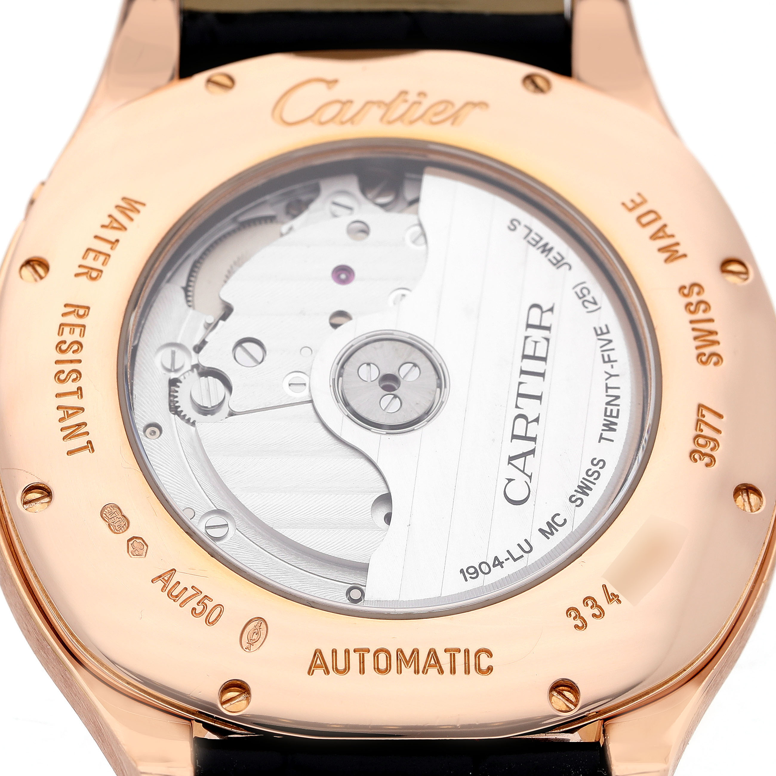 The image shows the back view of a Drive de Cartier watch, highlighting the automatic movement mechanism.