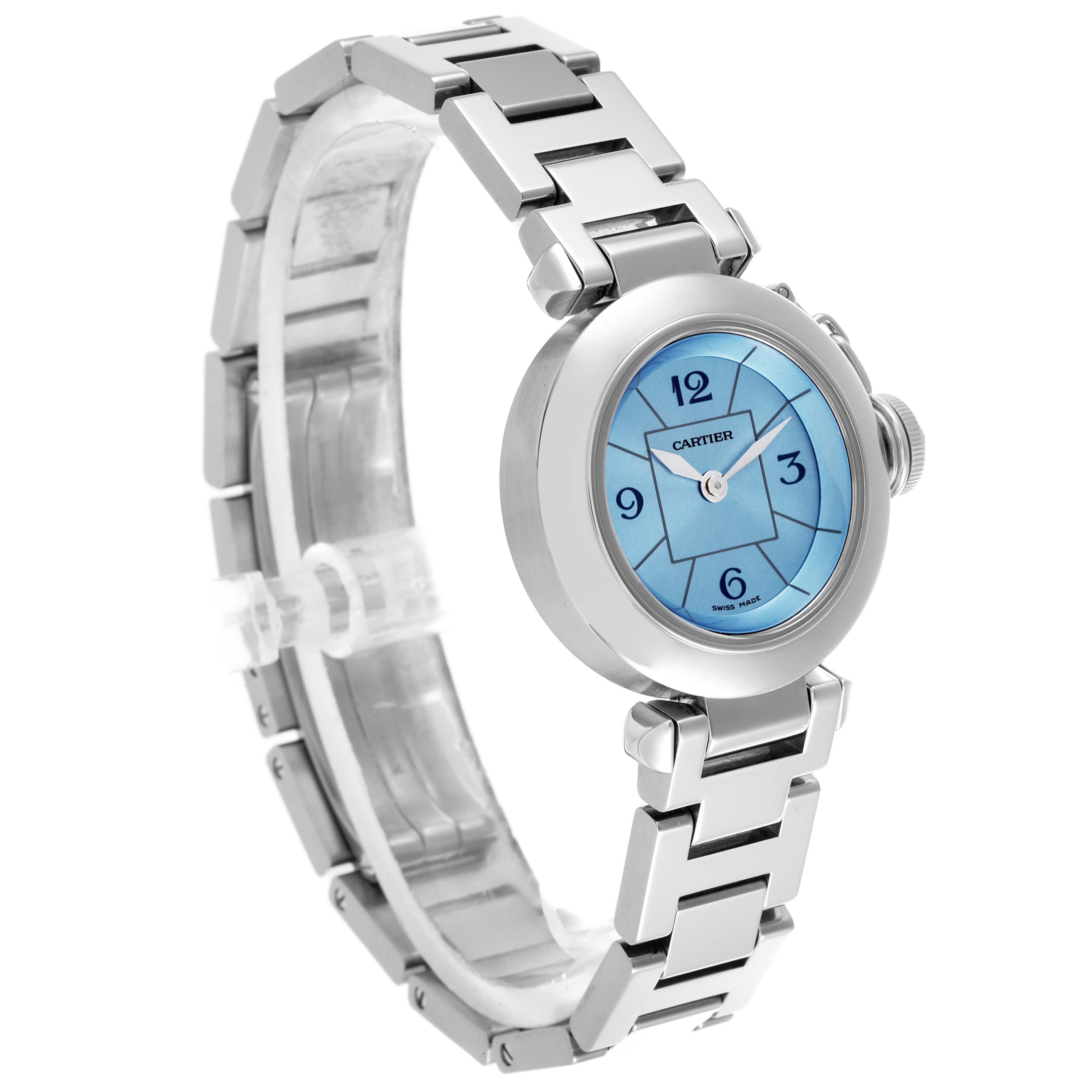 The image shows a side and front view of the Cartier Pasha W3140024 Women's Stainless Steel Blue Dial W3140024 Women's Stainless Steel Blue Dial watch, highlighting the blue dial and metal bracelet.