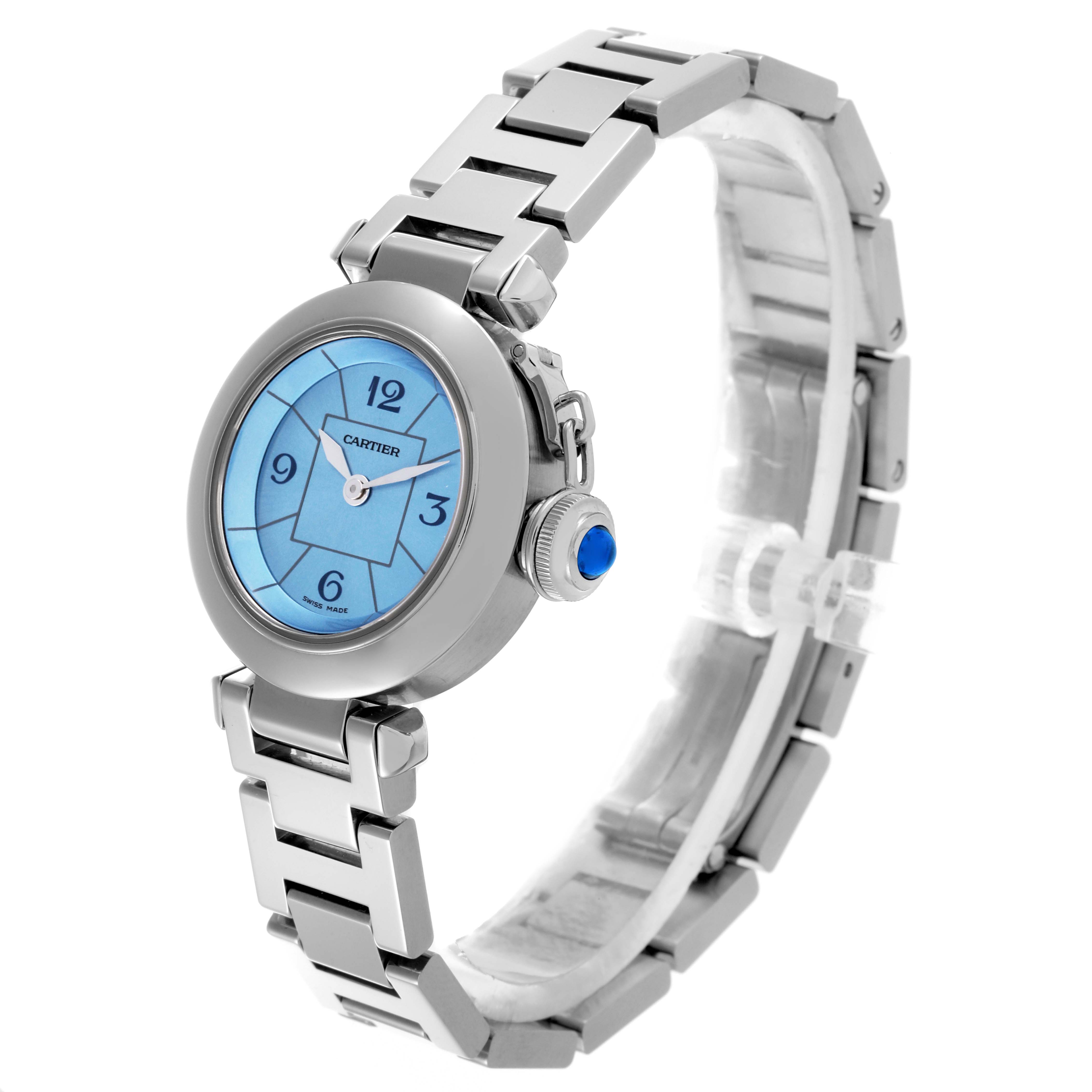 This Cartier Pasha W3140024 Women's Stainless Steel Blue Dial W3140024 Women's Stainless Steel Blue Dial watch is shown from a side angle, highlighting its blue dial, crown, and metal bracelet.