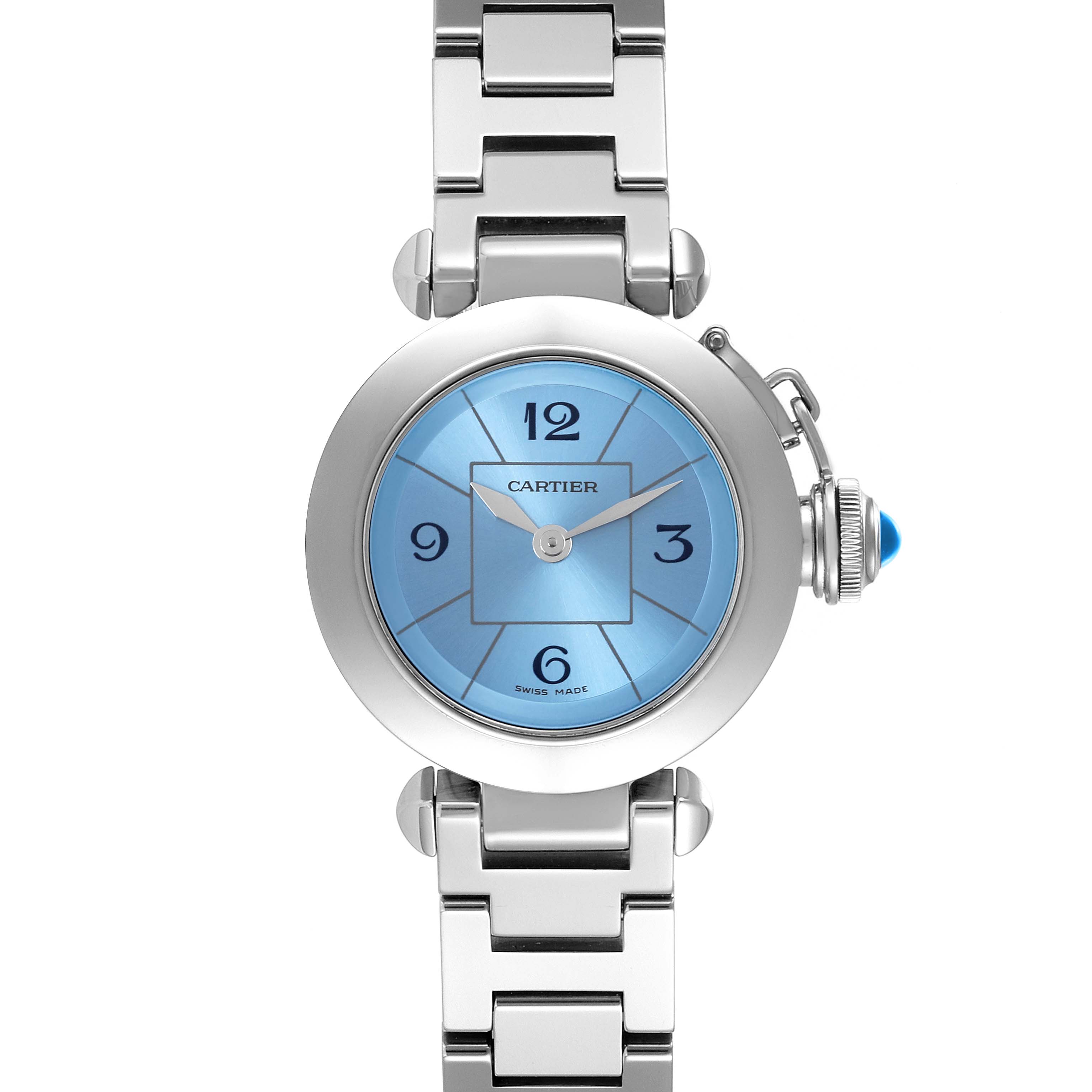 The Cartier Pasha W3140024 Women's Stainless Steel Blue Dial W3140024 Women's Stainless Steel Blue Dial watch is shown from the front, displaying the face, bezel, crown, and bracelet.