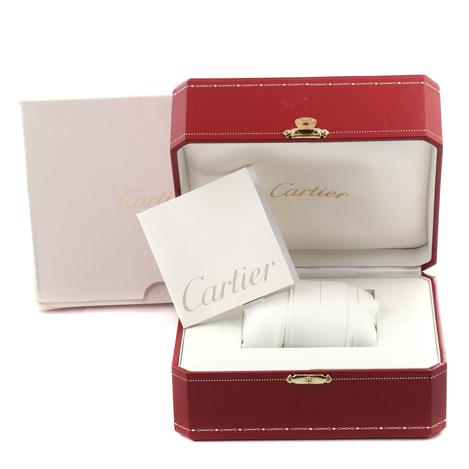 The image shows the packaging of a Cartier Pasha W3140024 Women's Stainless Steel Blue Dial W3140024 Women's Stainless Steel Blue Dial watch, including a red box and accompanying booklet.