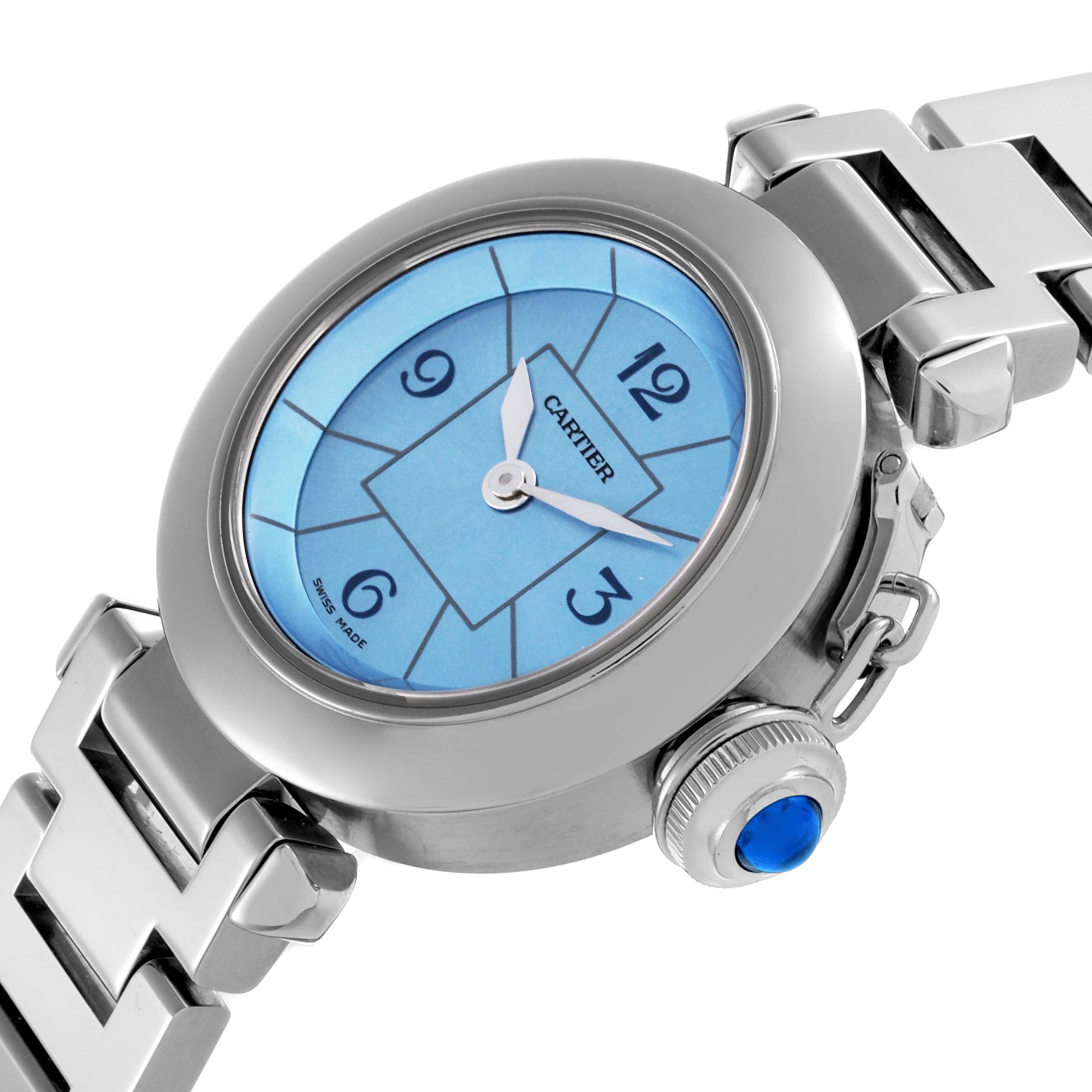 The Cartier Pasha W3140024 Women's Stainless Steel Blue Dial W3140024 Women's Stainless Steel Blue Dial watch is shown from a side angle, highlighting the dial, bezel, crown, and part of the bracelet.